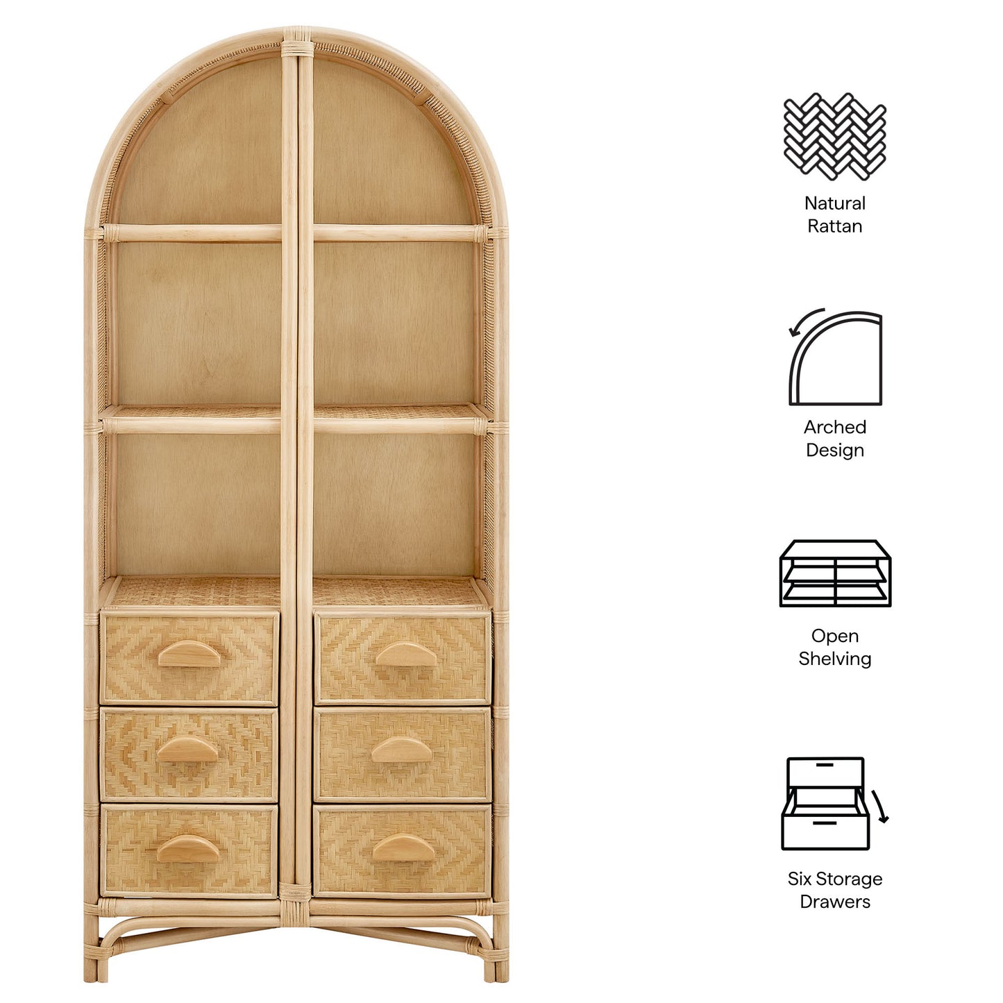Jane 71 Inch Tall Arched Natural Rattan Bookshelf by Modway EEI-7362 Floor Shelf
