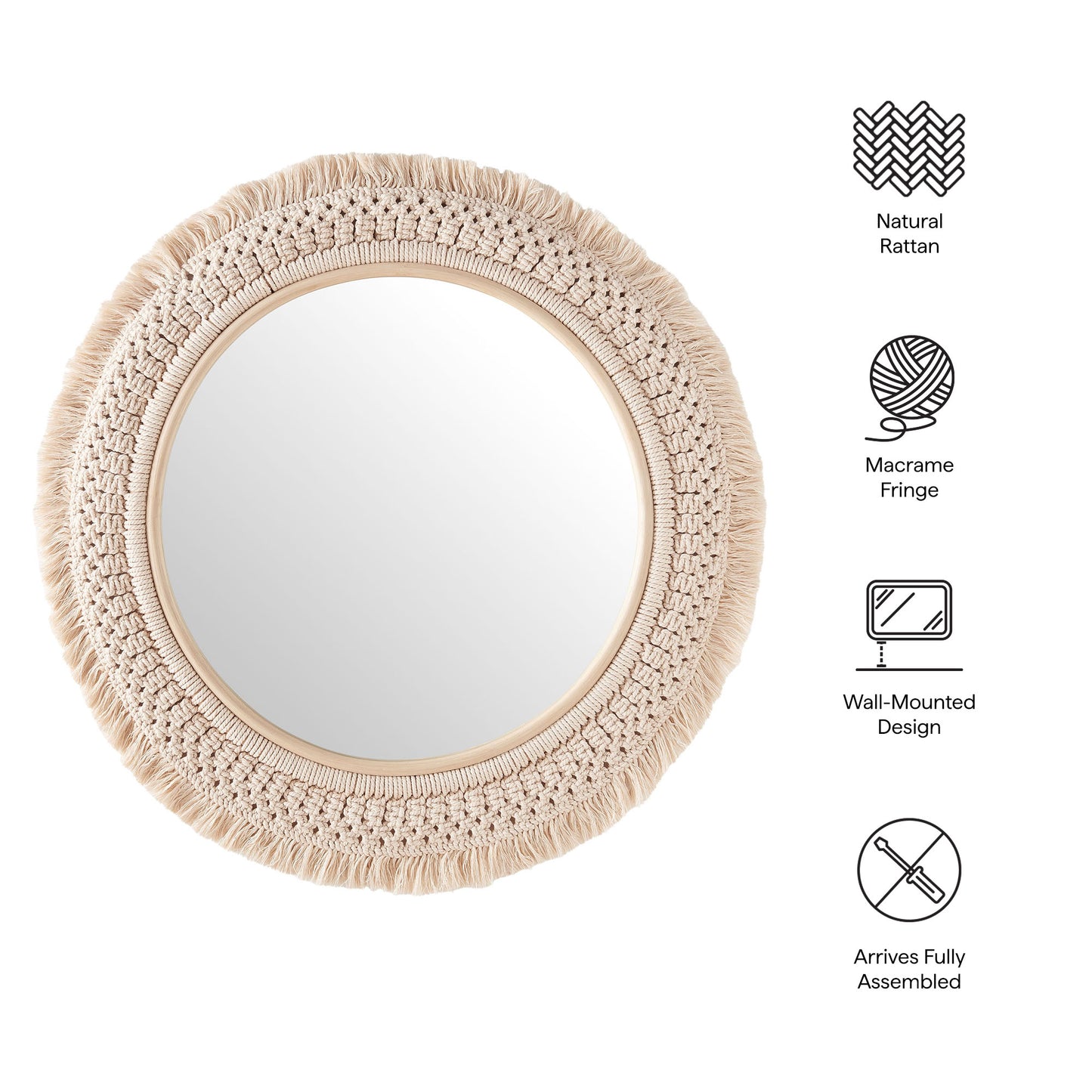 Jade Round Rattan Macrame Wall Mirror by Modway EEI-7367-NAT