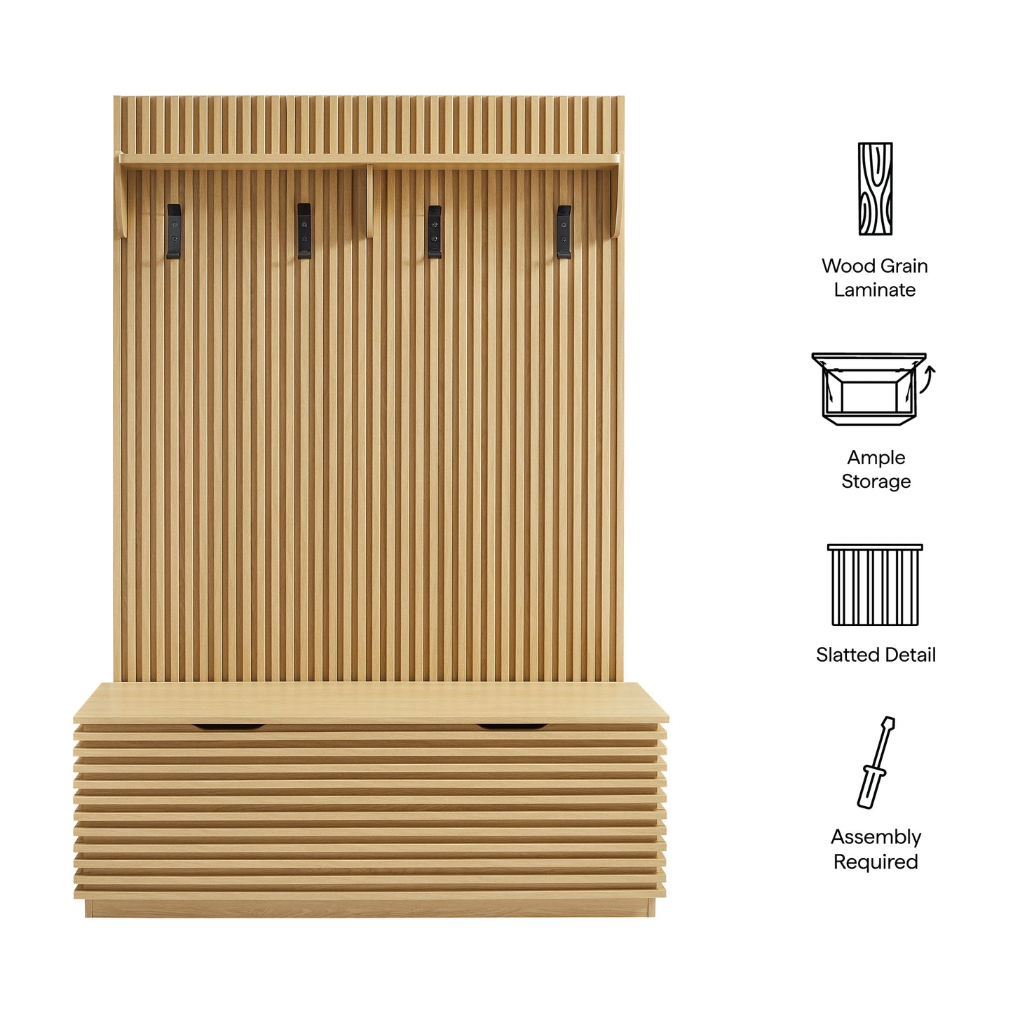 Render Fluted 3-in-1 Hall Tree With Storage Bench and Coat Rack by Modway