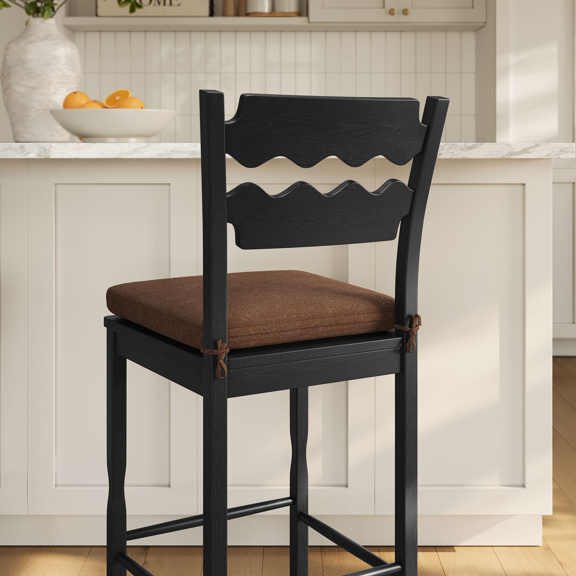 Jax Oak Wood Bar Stool With Wavy Razor Back and Cushion by Modway