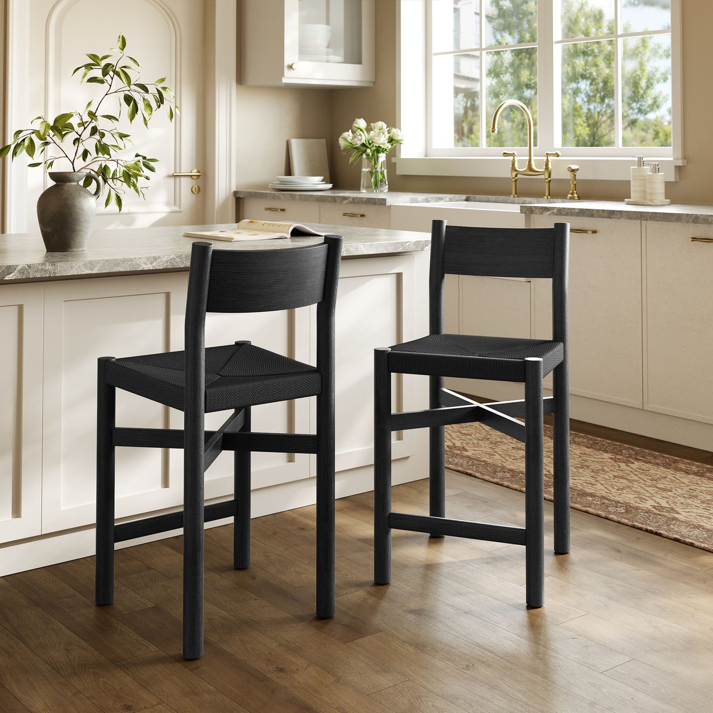 Alvia Oak Wood Counter Stools With Woven Seats Set of 2 by Modway