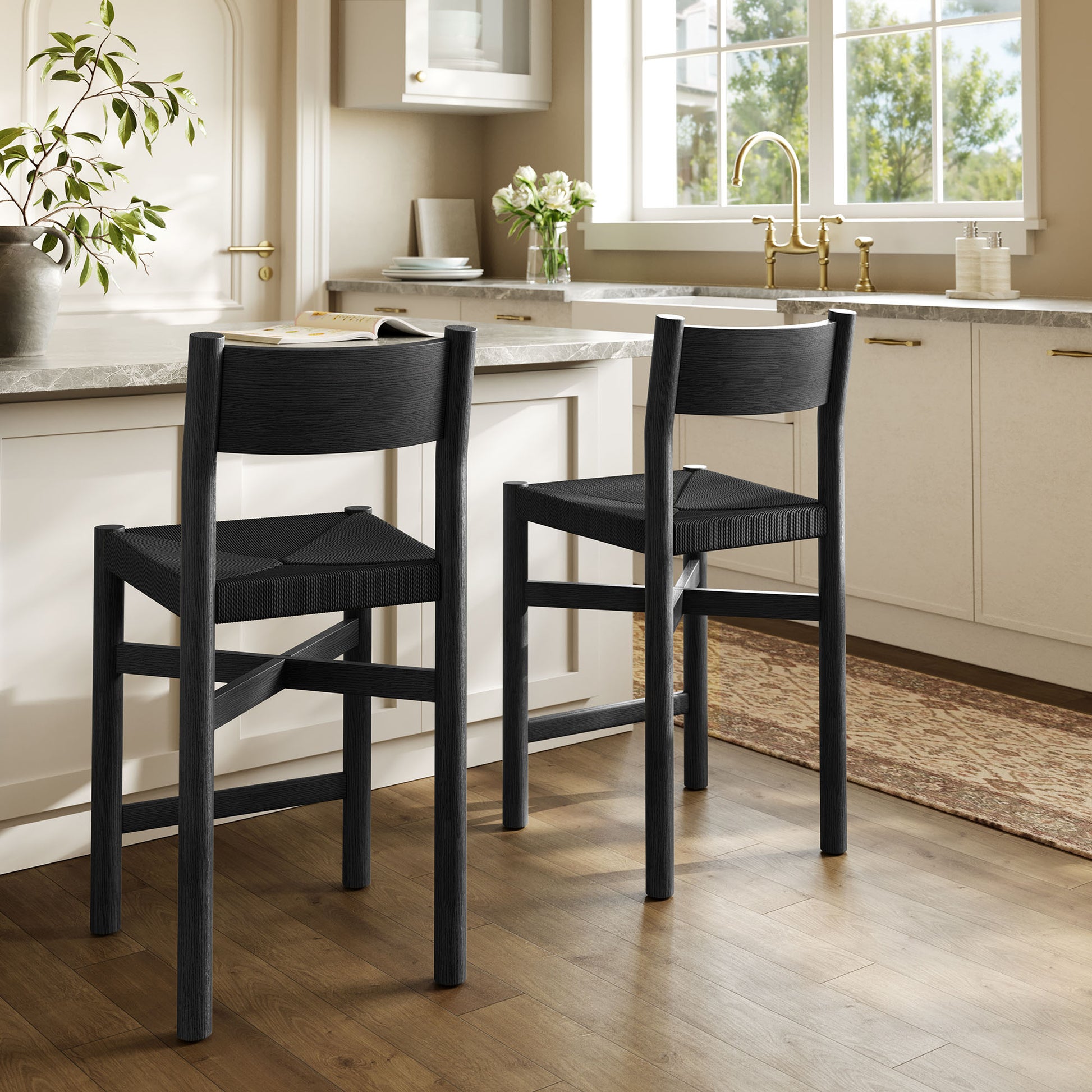 Alvia Oak Wood Counter Stools With Woven Seats Set of 2 by Modway
