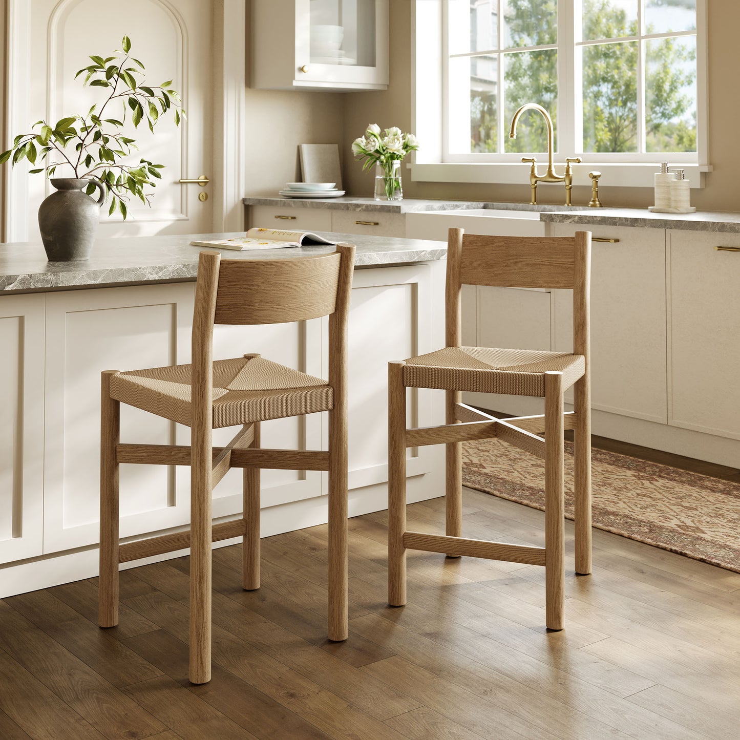 Alvia Oak Wood Counter Stools With Woven Seats Set of 2 by Modway