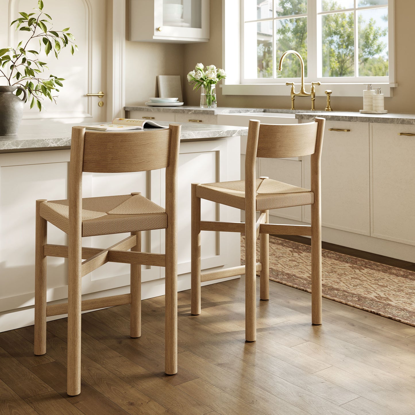 Alvia Oak Wood Counter Stools With Woven Seats Set of 2 by Modway