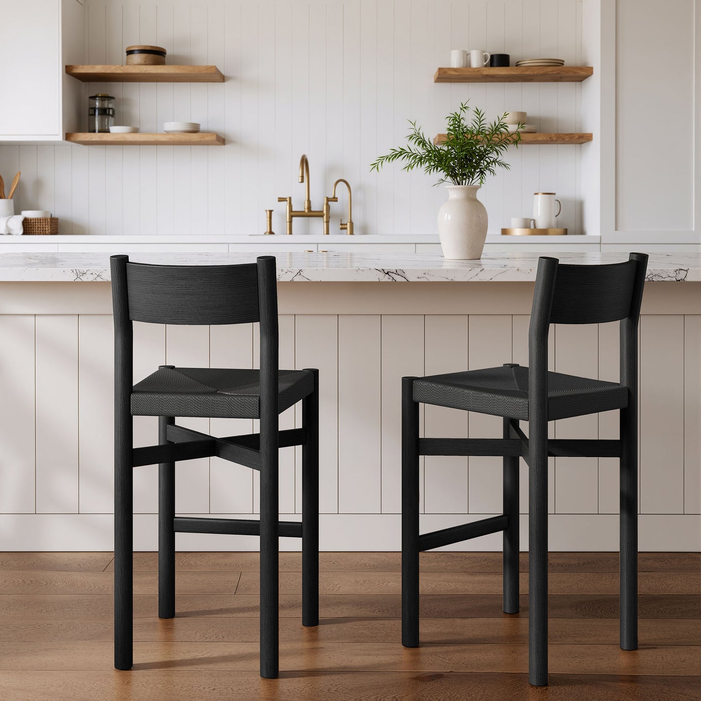 Alvia Oak Wood Bar Stools With Woven Seats Set of 2 by Modway