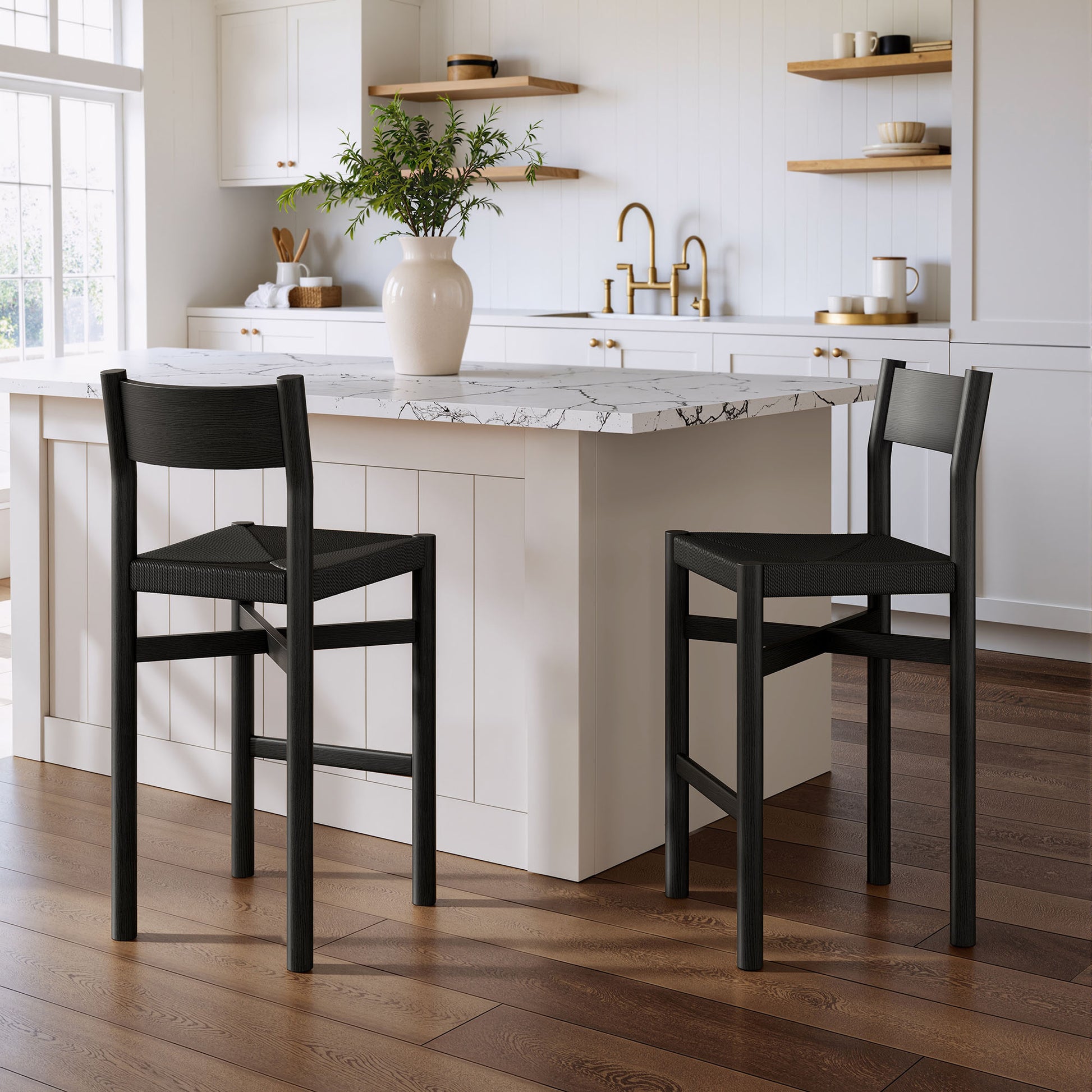 Alvia Oak Wood Bar Stools With Woven Seats Set of 2 by Modway