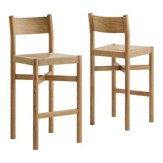 Alvia Oak Wood Bar Stools With Woven Seats Set of 2 by Modway