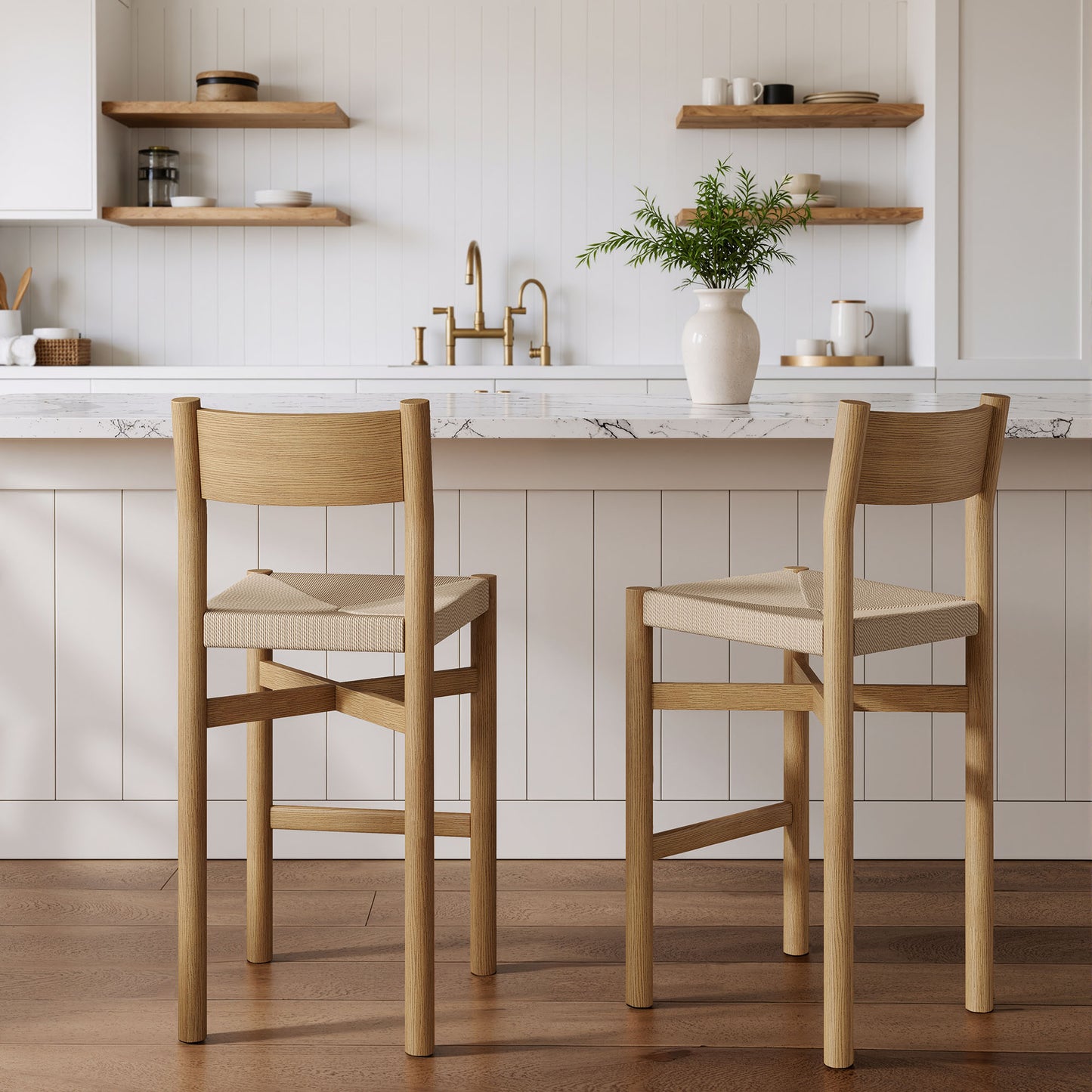 Alvia Oak Wood Bar Stools With Woven Seats Set of 2 by Modway