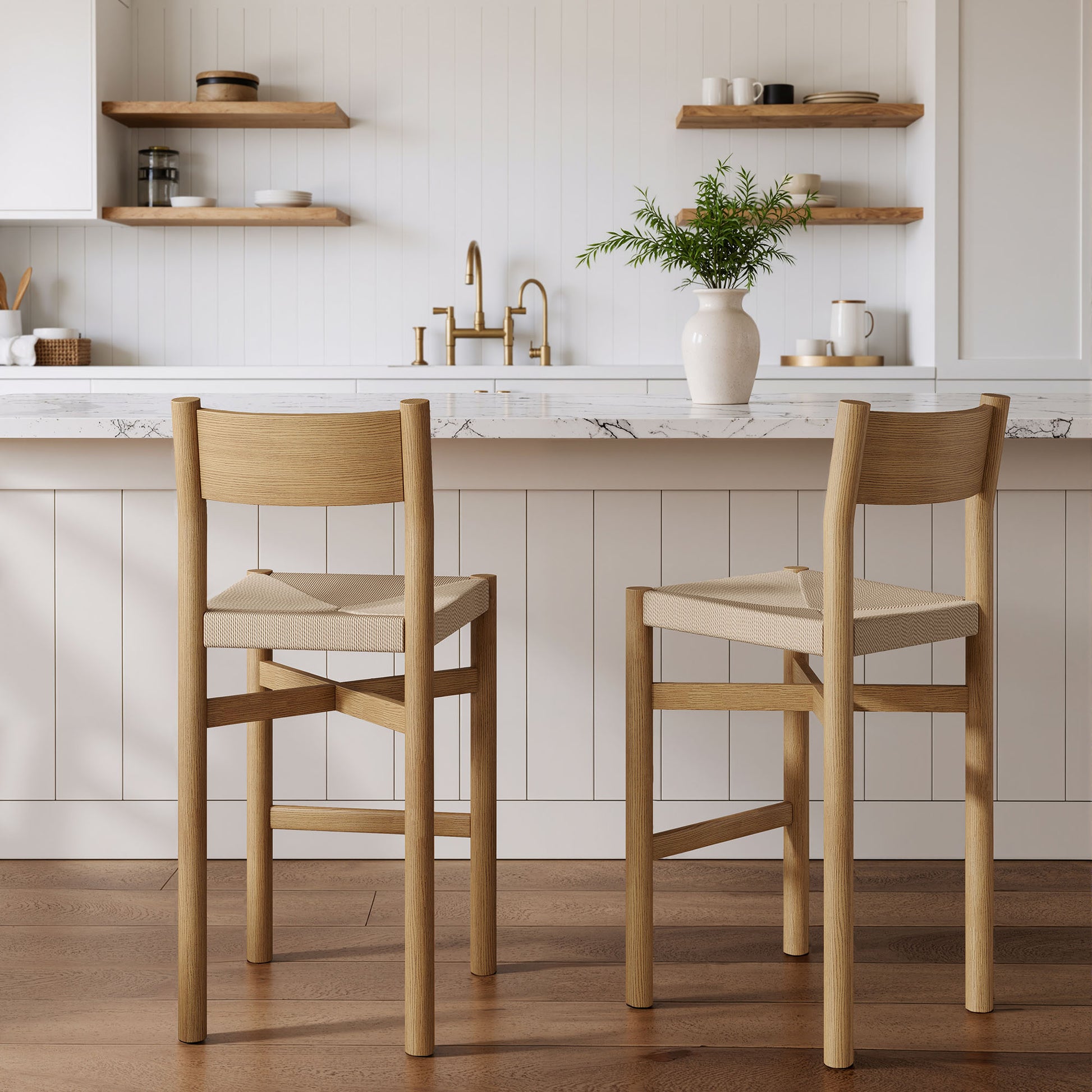 Alvia Oak Wood Bar Stools With Woven Seats Set of 2 by Modway