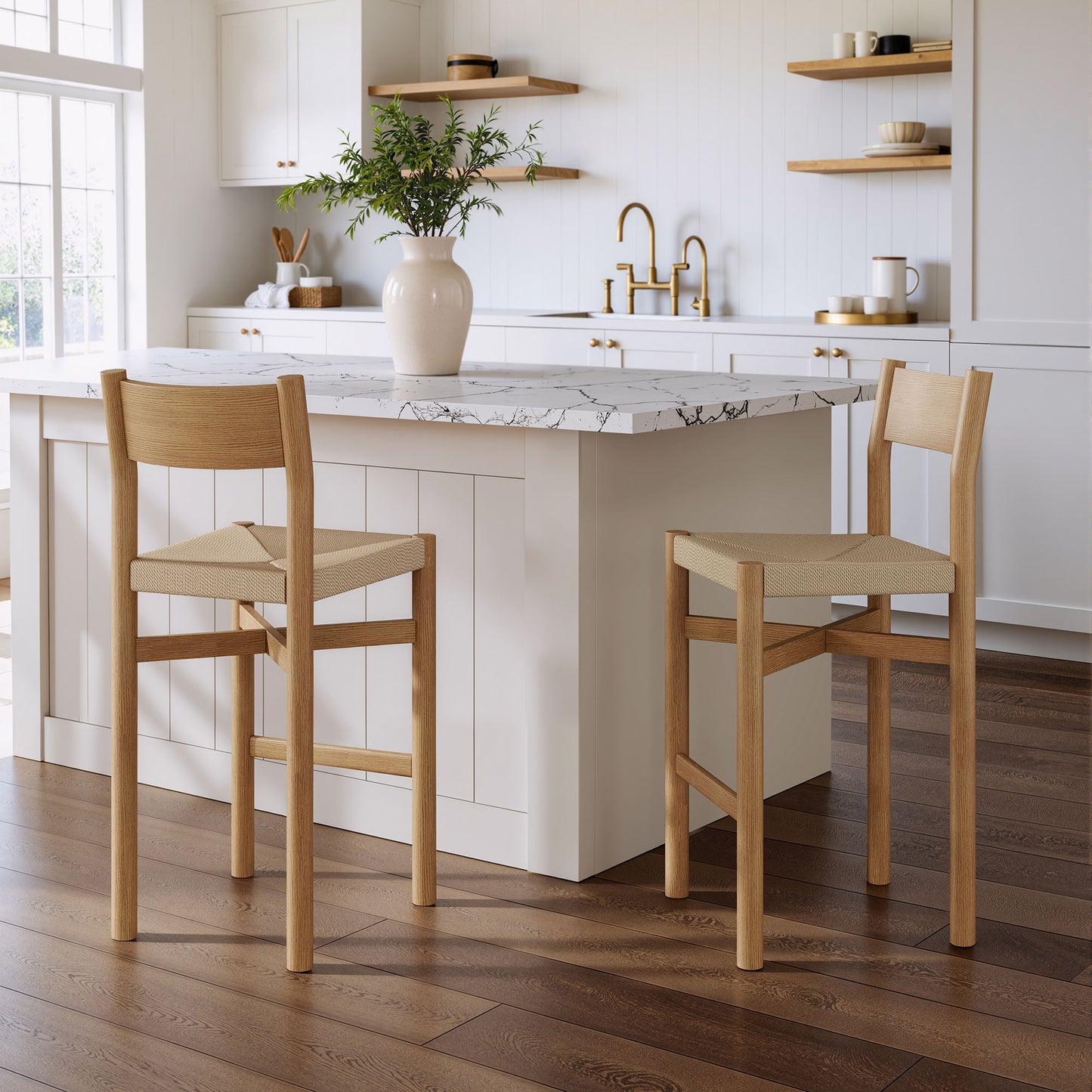 Alvia Oak Wood Bar Stools With Woven Seats Set of 2 by Modway