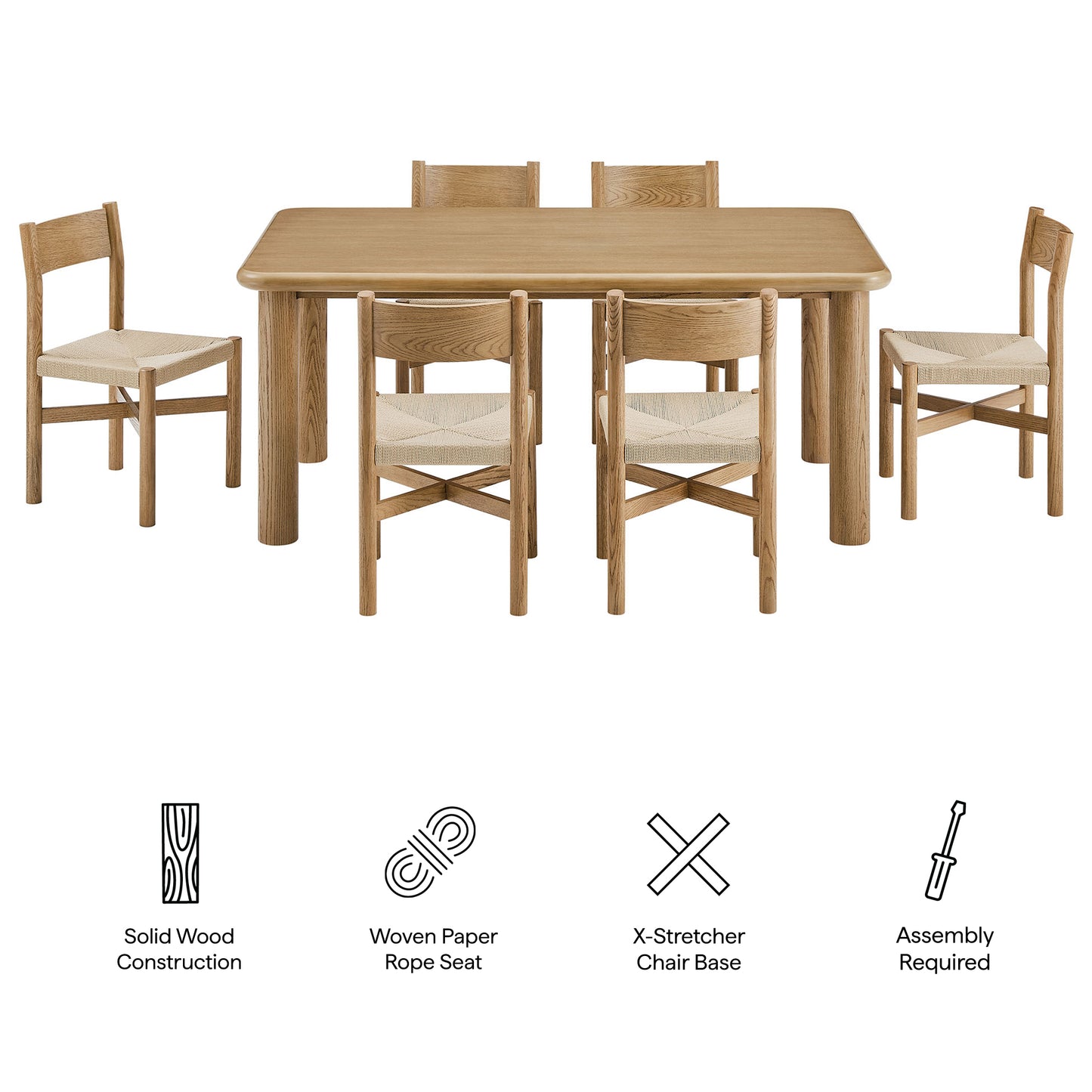 Alvia 7-Piece Oak Wood Dining Table and Chairs Set by Modway