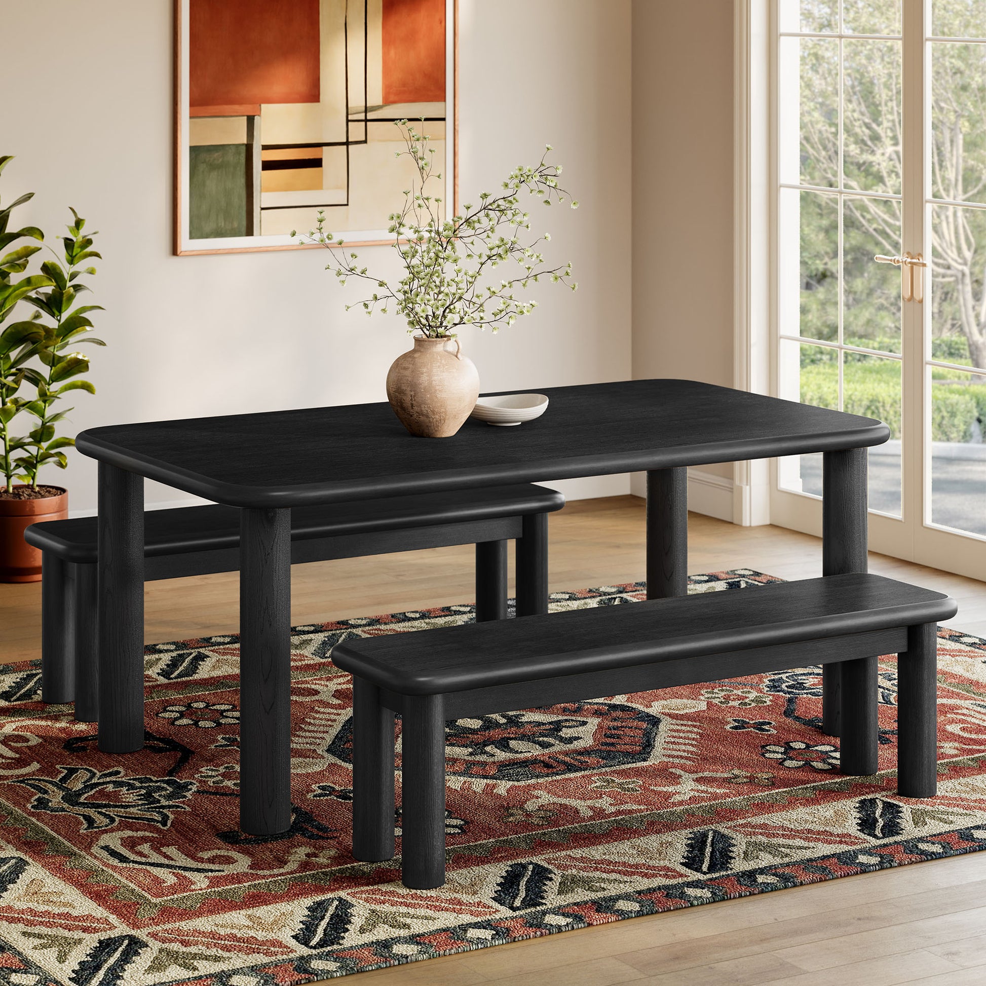 Alvia 3-Piece Oak Wood Dining Table and Benches Set by Modway