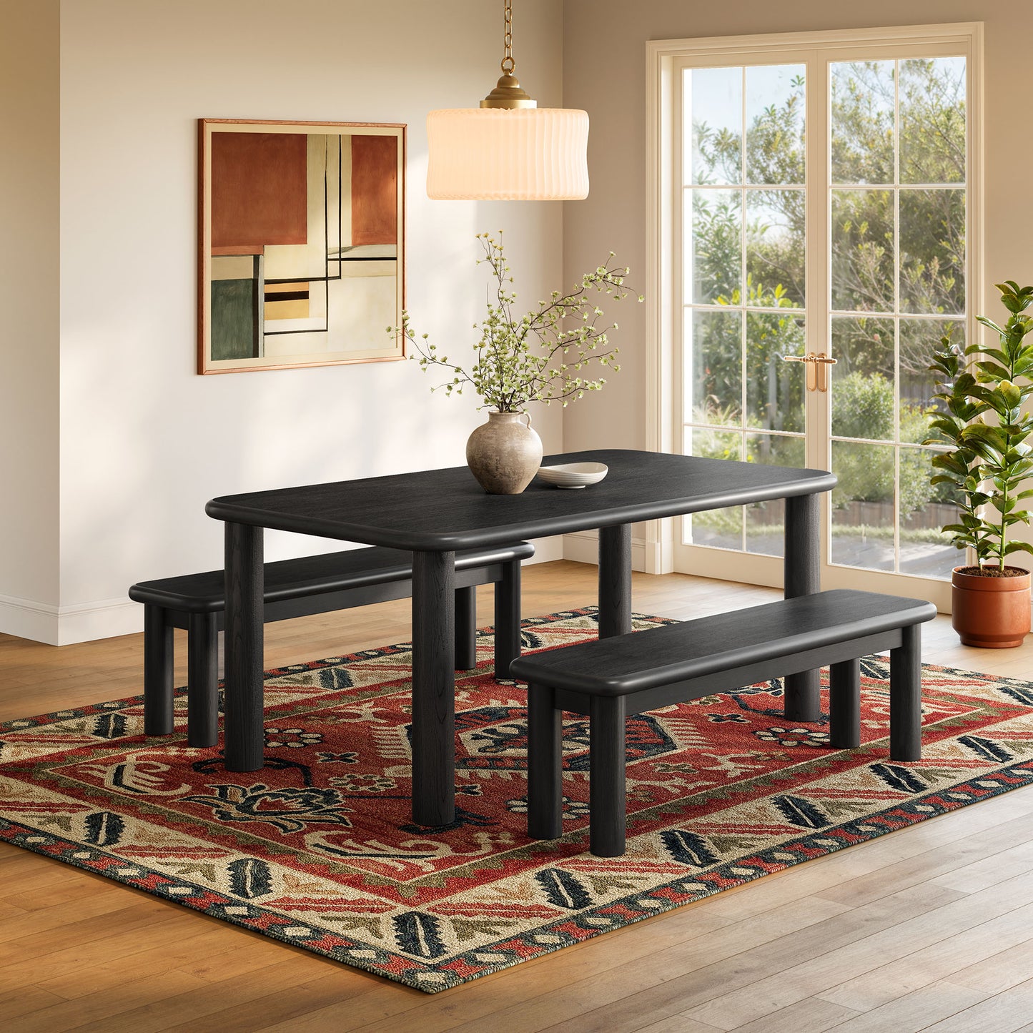 Alvia 3-Piece Oak Wood Dining Table and Benches Set by Modway