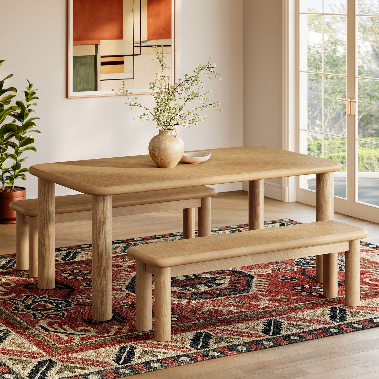 Alvia 3-Piece Oak Wood Dining Table and Benches Set by Modway