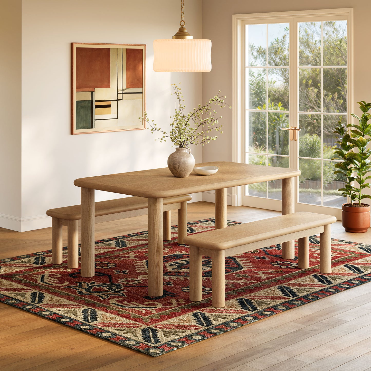 Alvia 3-Piece Oak Wood Dining Table and Benches Set by Modway