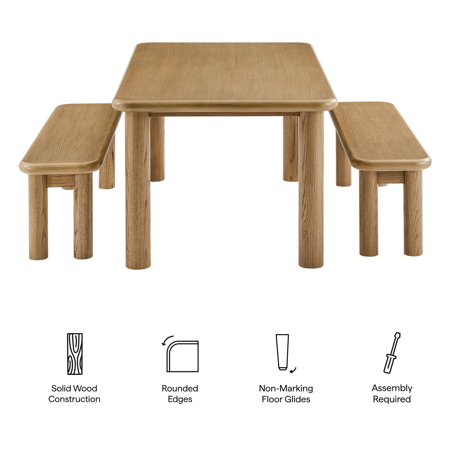 Alvia 3-Piece Oak Wood Dining Table and Benches Set by Modway