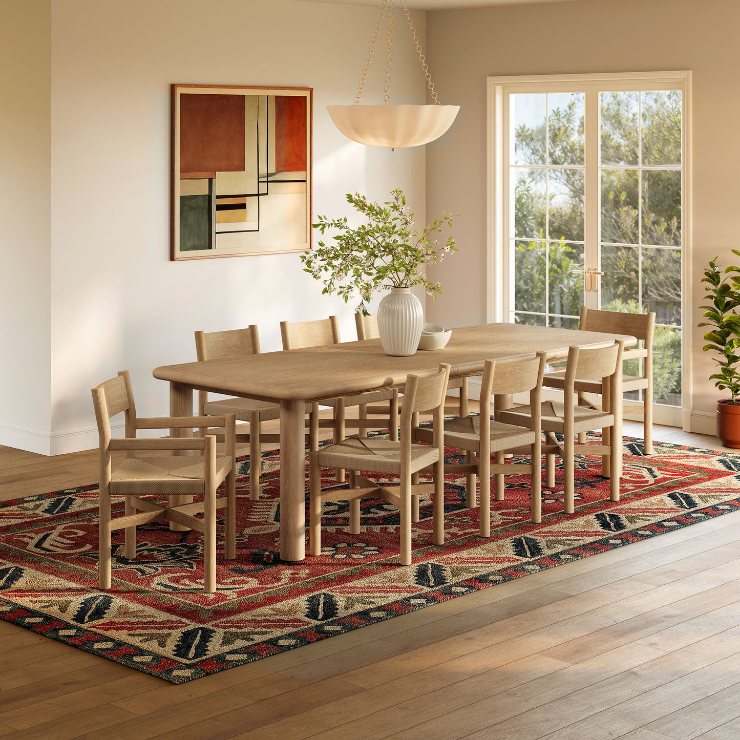 Alvia 9-Piece Oak Wood Extendable Dining Table and Chairs Set by Modway