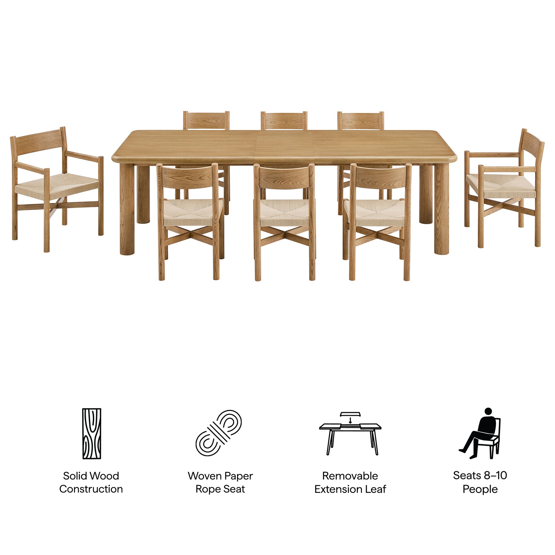 Alvia 9-Piece Oak Wood Extendable Dining Table and Chairs Set by Modway