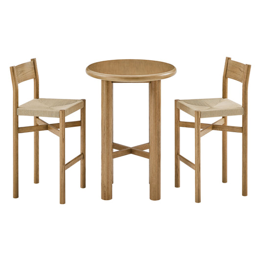 Alvia 3-Piece Round Oak Wood Bar Table With Bar Stools Set by Modway