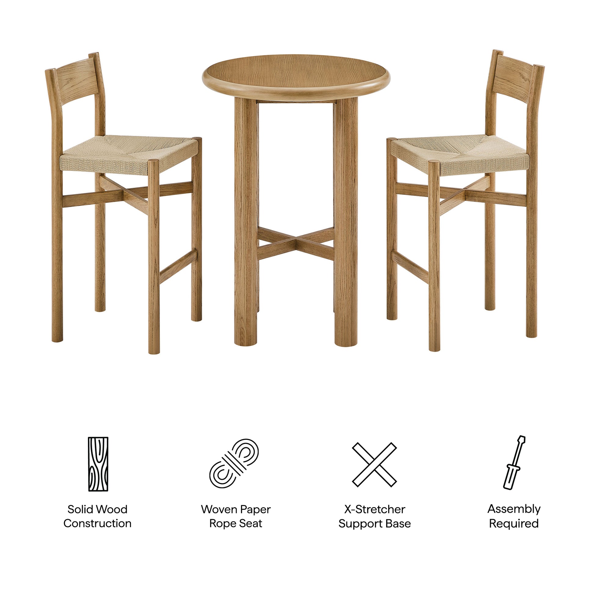 Alvia 3-Piece Round Oak Wood Bar Table With Bar Stools Set by Modway
