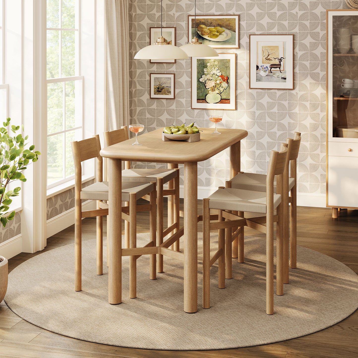 Alvia 5-Piece Rectangular Oak Wood Bar Table With Bar Stools Set by Modway