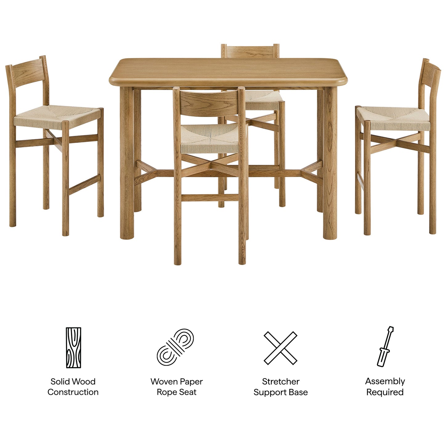 Alvia 5-Piece Rectangular Oak Wood Bar Table With Bar Stools Set by Modway