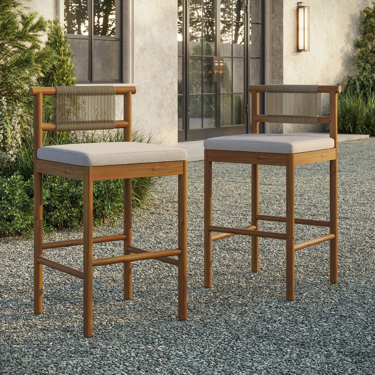 Eleni Outdoor Patio Teak Wood Bar Stools Set of 2 by Modway