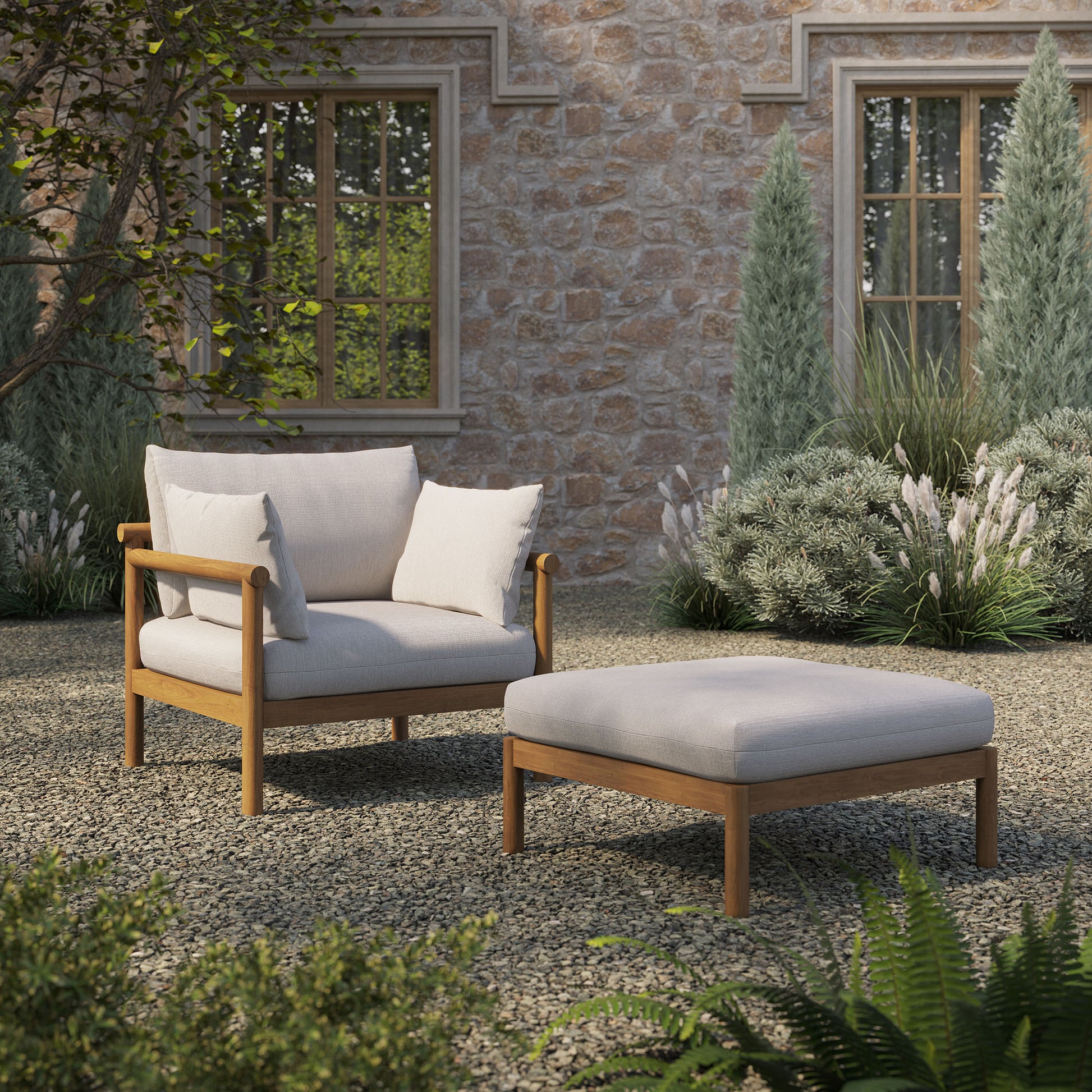 Eleni 2-Piece Outdoor Patio Teak Wood Armchair and Ottoman Set by Modway