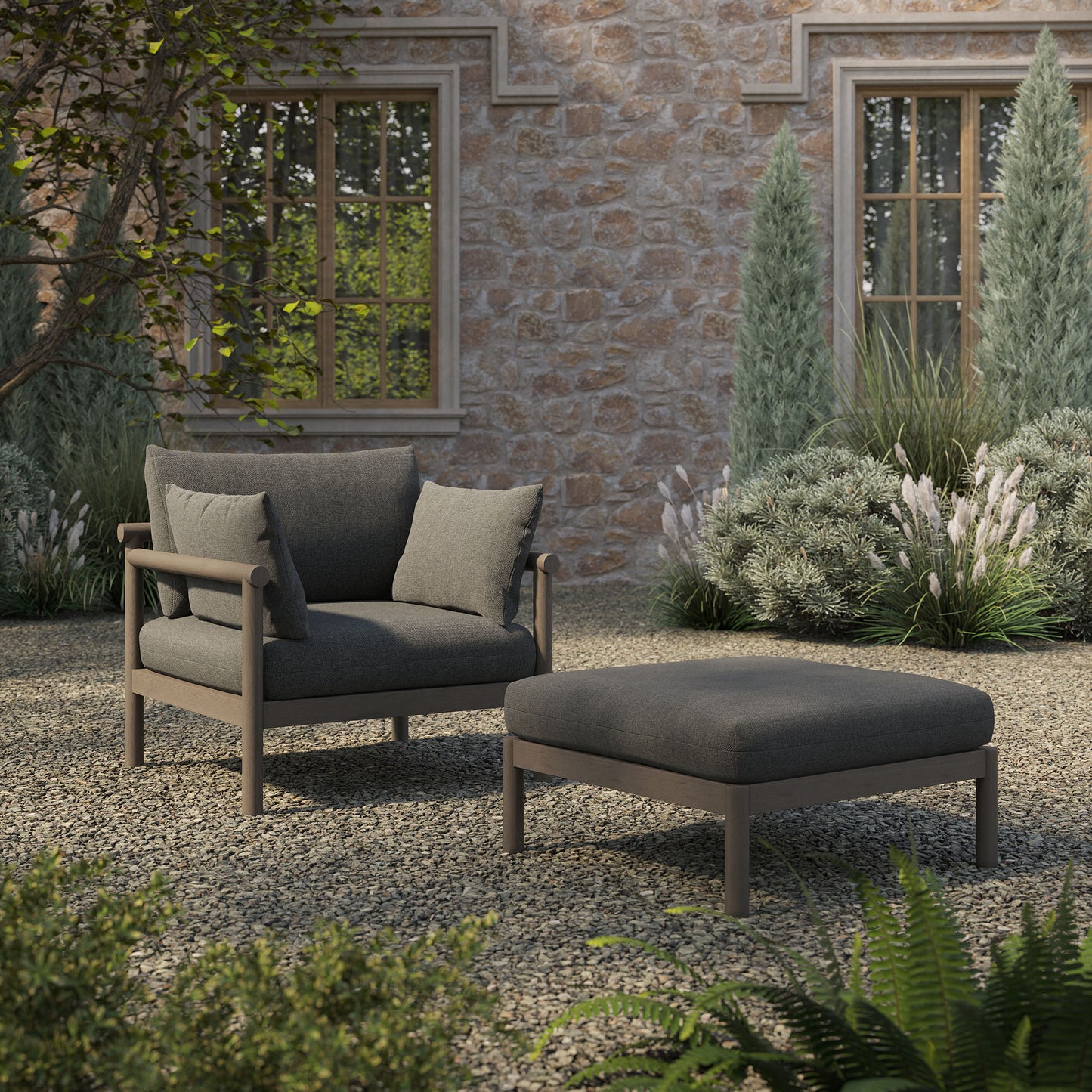 Eleni 2-Piece Outdoor Patio Teak Wood Armchair and Ottoman Set by Modway
