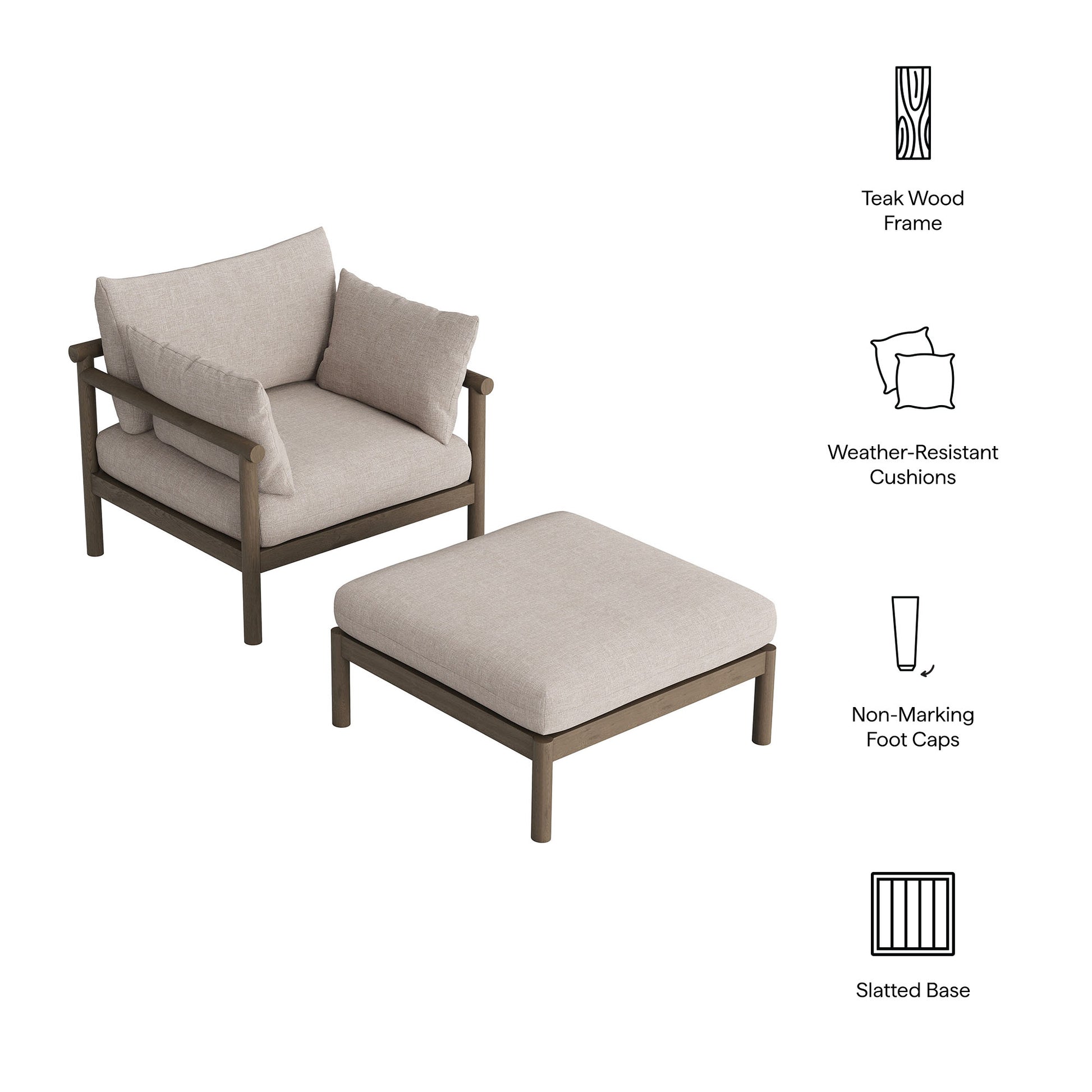 Eleni 2-Piece Outdoor Patio Teak Wood Armchair and Ottoman Set by Modway