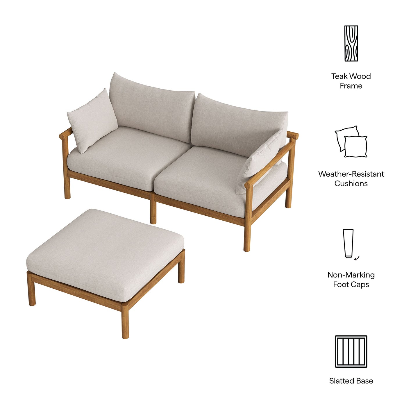 Eleni 2-Piece Outdoor Patio Teak Wood Loveseat with Ottoman Set by Modway