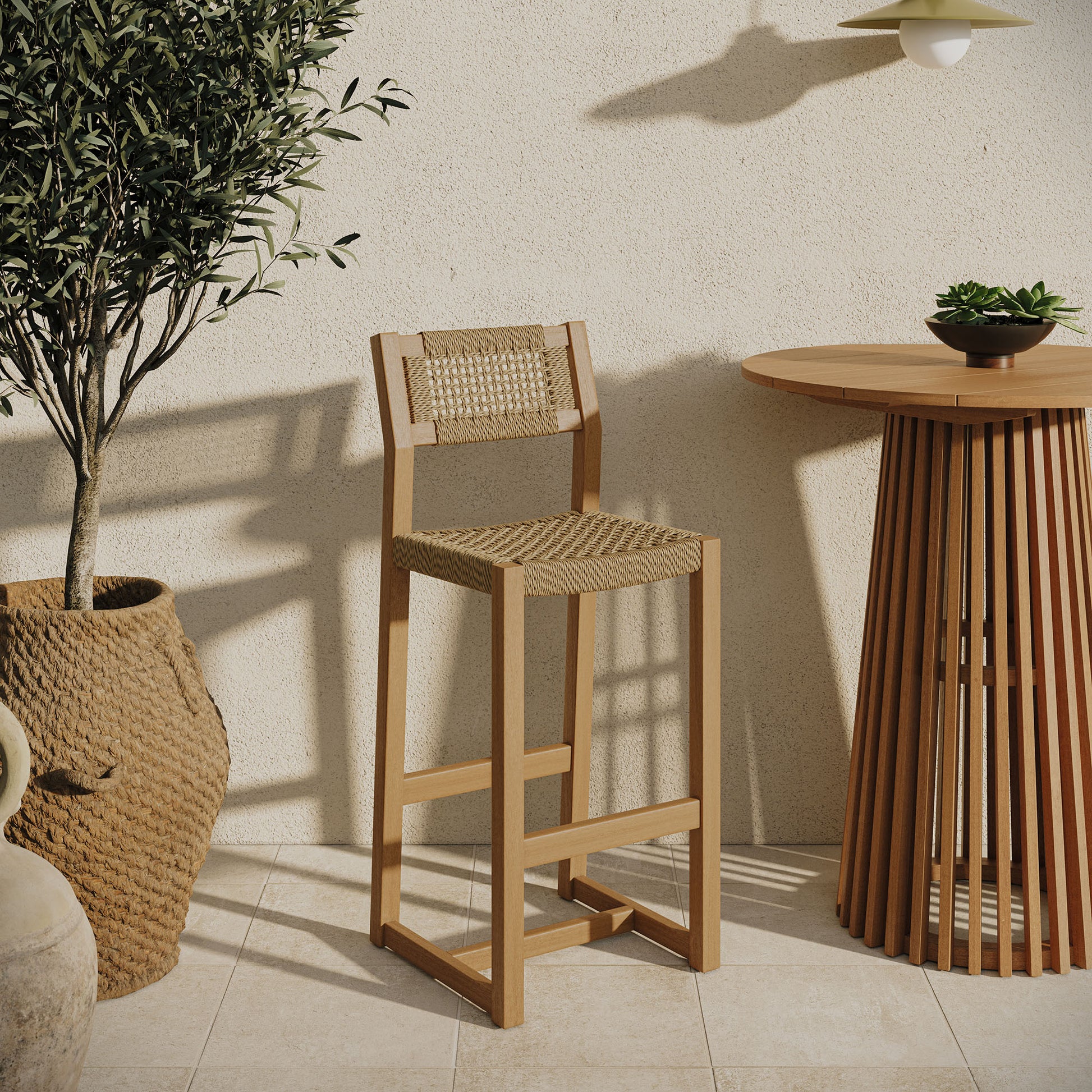 Reed 44 Inch Outdoor Patio Outdoor Teak Wood Rattan Bar Stool by Modway