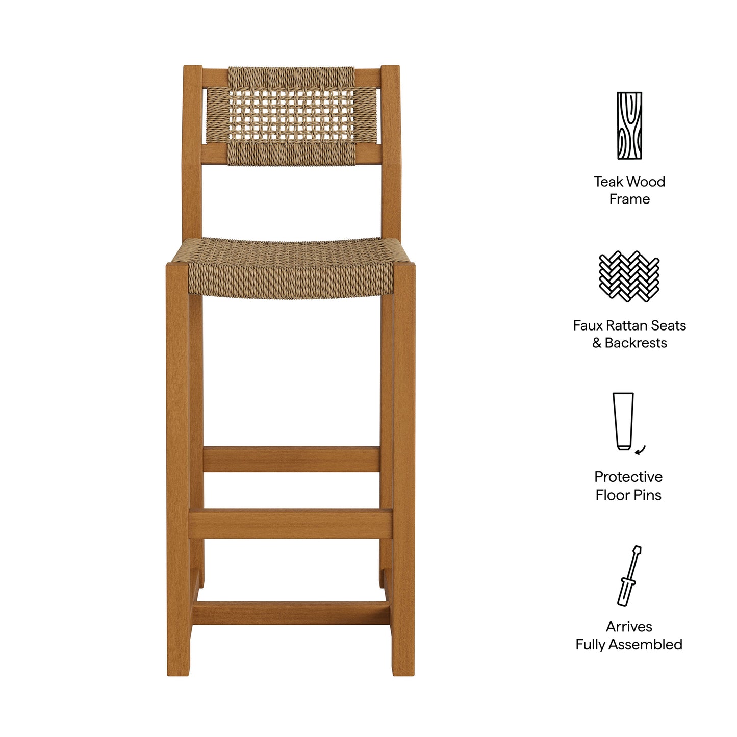 Reed 44 Inch Outdoor Patio Outdoor Teak Wood Rattan Bar Stool by Modway