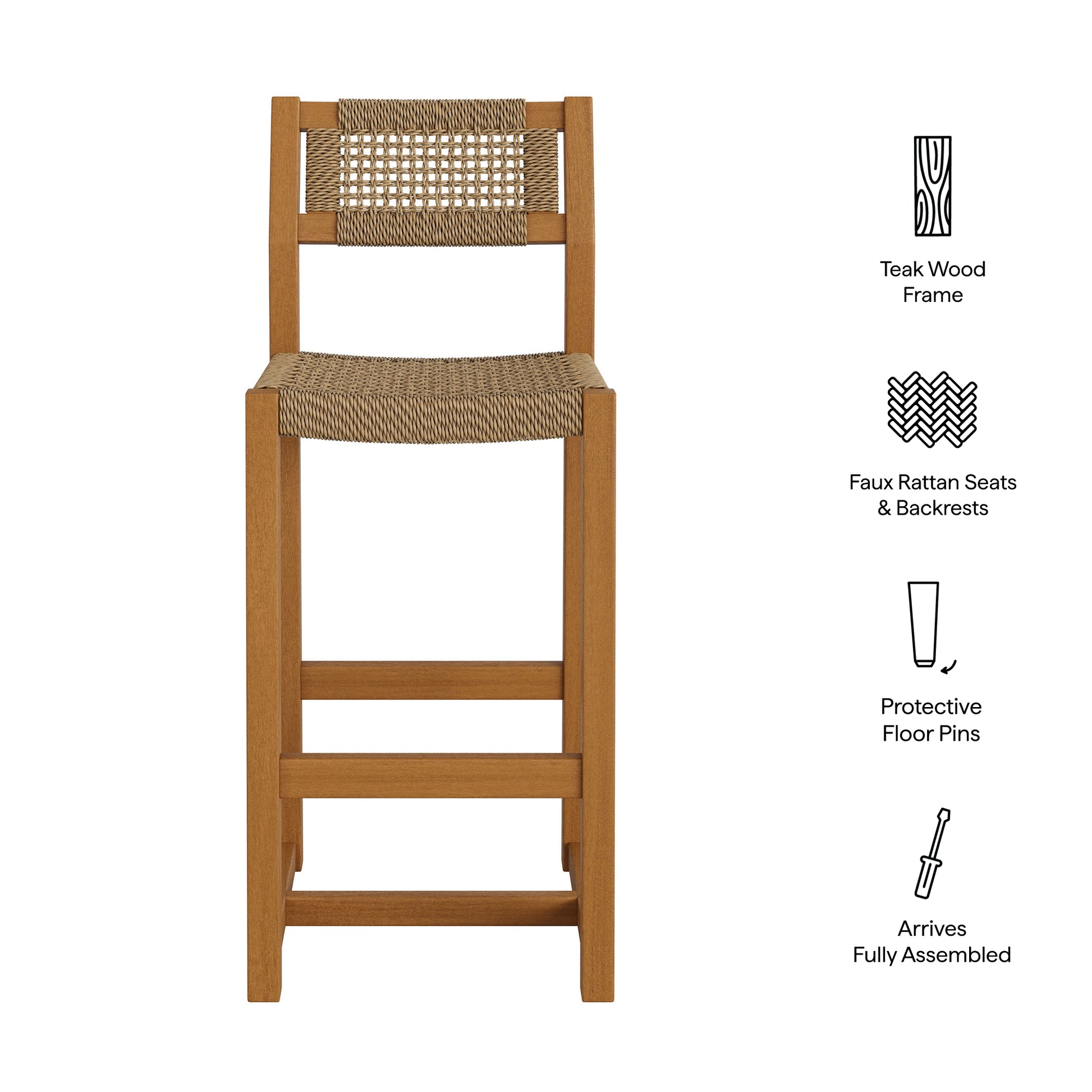 Reed 44 Inch Outdoor Patio Outdoor Teak Wood Rattan Bar Stool by Modway