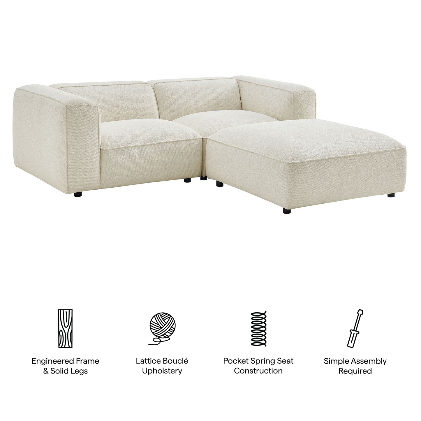 Auren 3 Piece Lattice Bouclé Upholstered Modular Loveseat with Ottoman by Modway