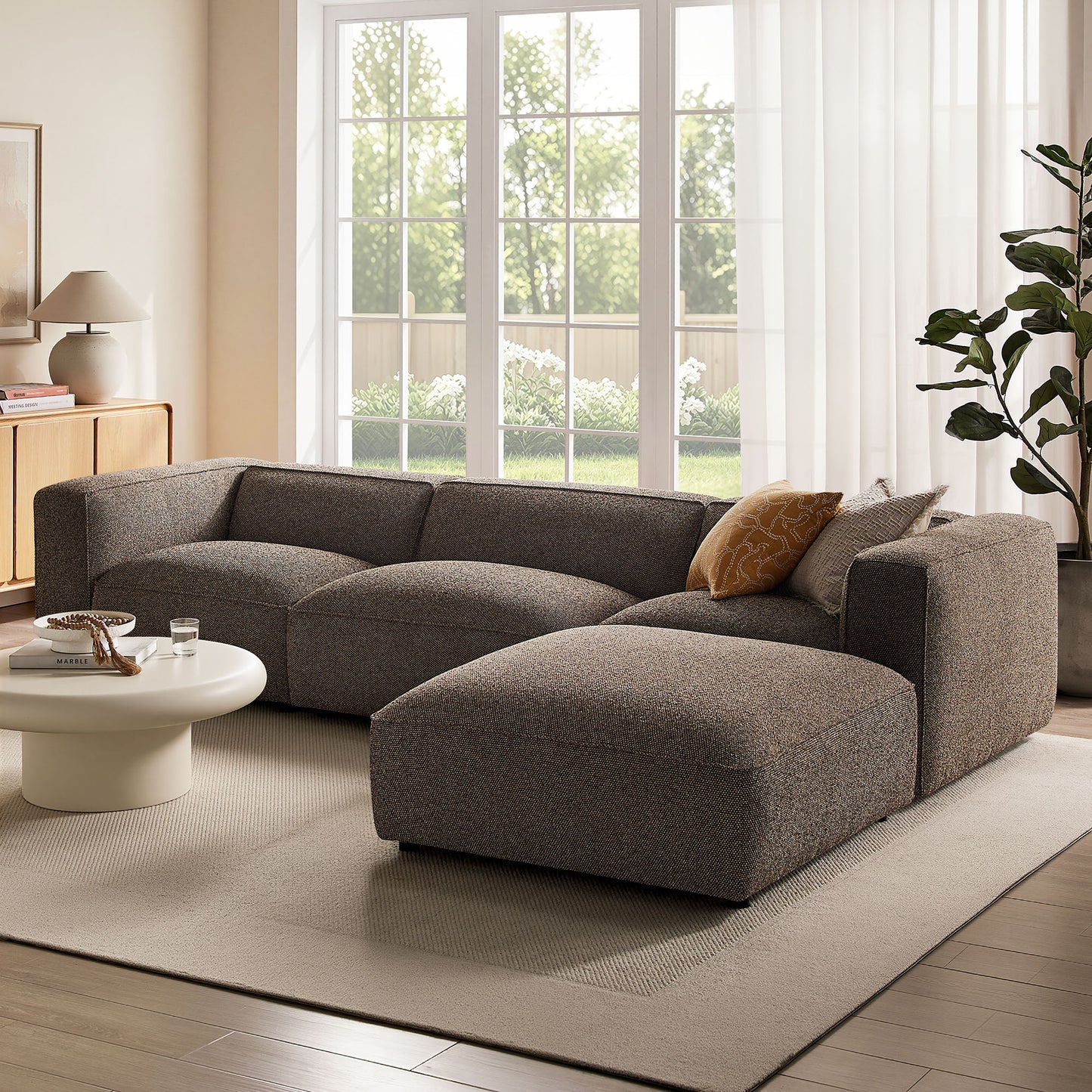 Auren 4 Piece Lattice Bouclé Upholstered Modular Sofa with Ottoman by Modway