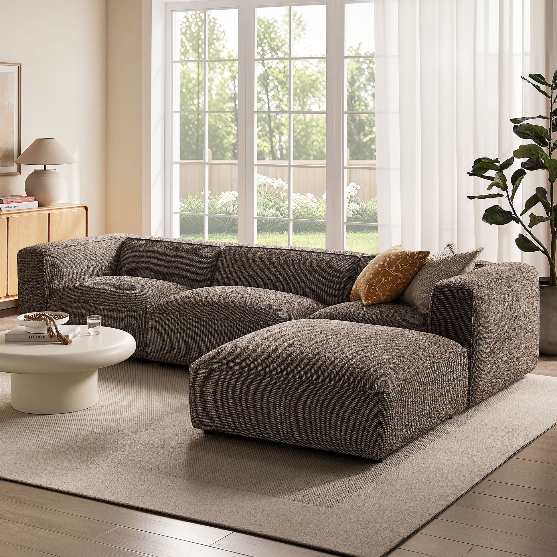 Auren 4 Piece Lattice Bouclé Upholstered Modular Sofa with Ottoman by Modway