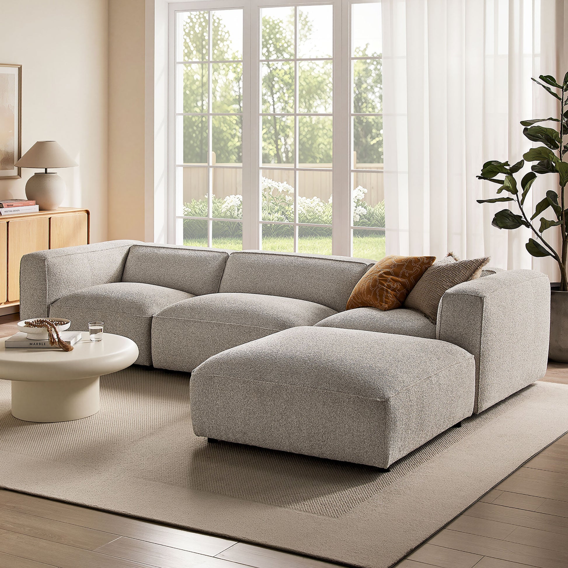 Auren 4 Piece Lattice Bouclé Upholstered Modular Sofa with Ottoman by Modway