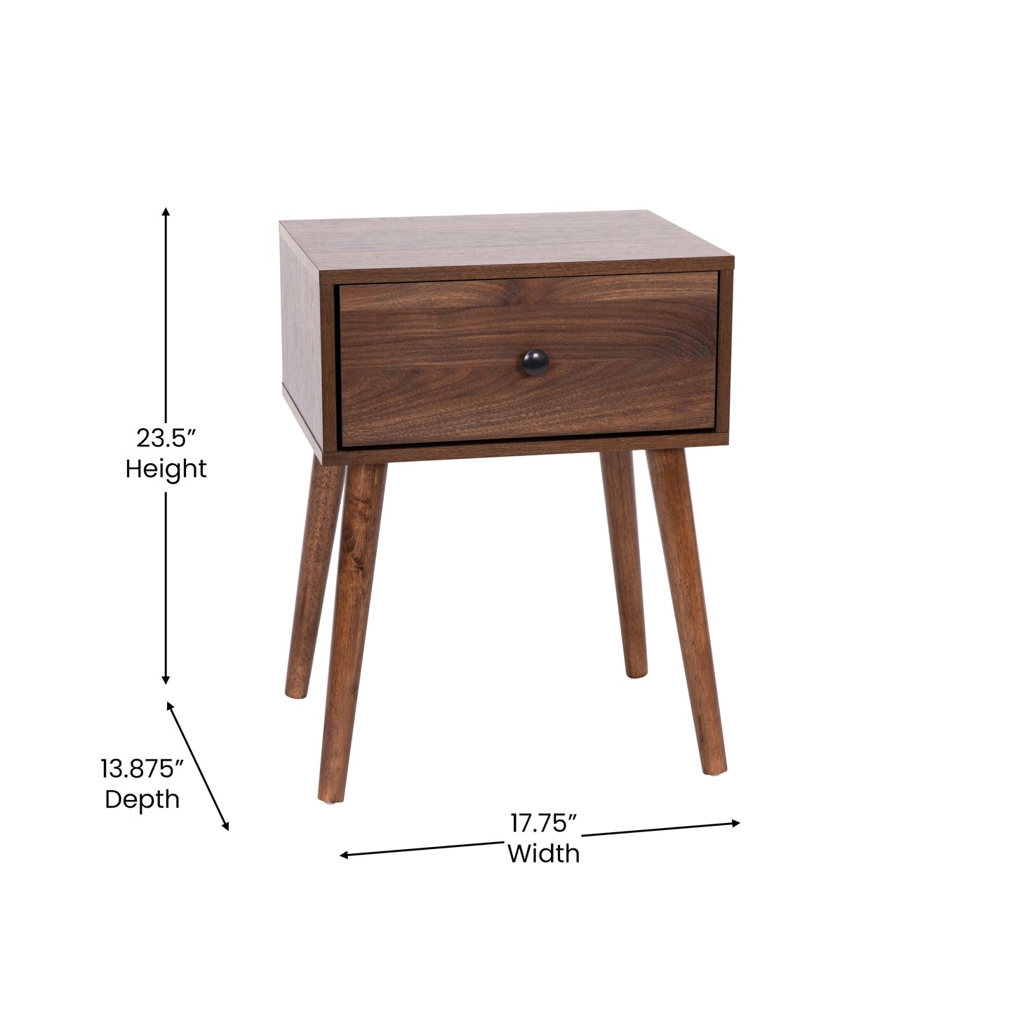 Hatfield Mid-Century Modern One Drawer Wood Nightstand, Side Accent or End Table with Soft Close Storage Drawer, Dark Walnut Dark Walnut