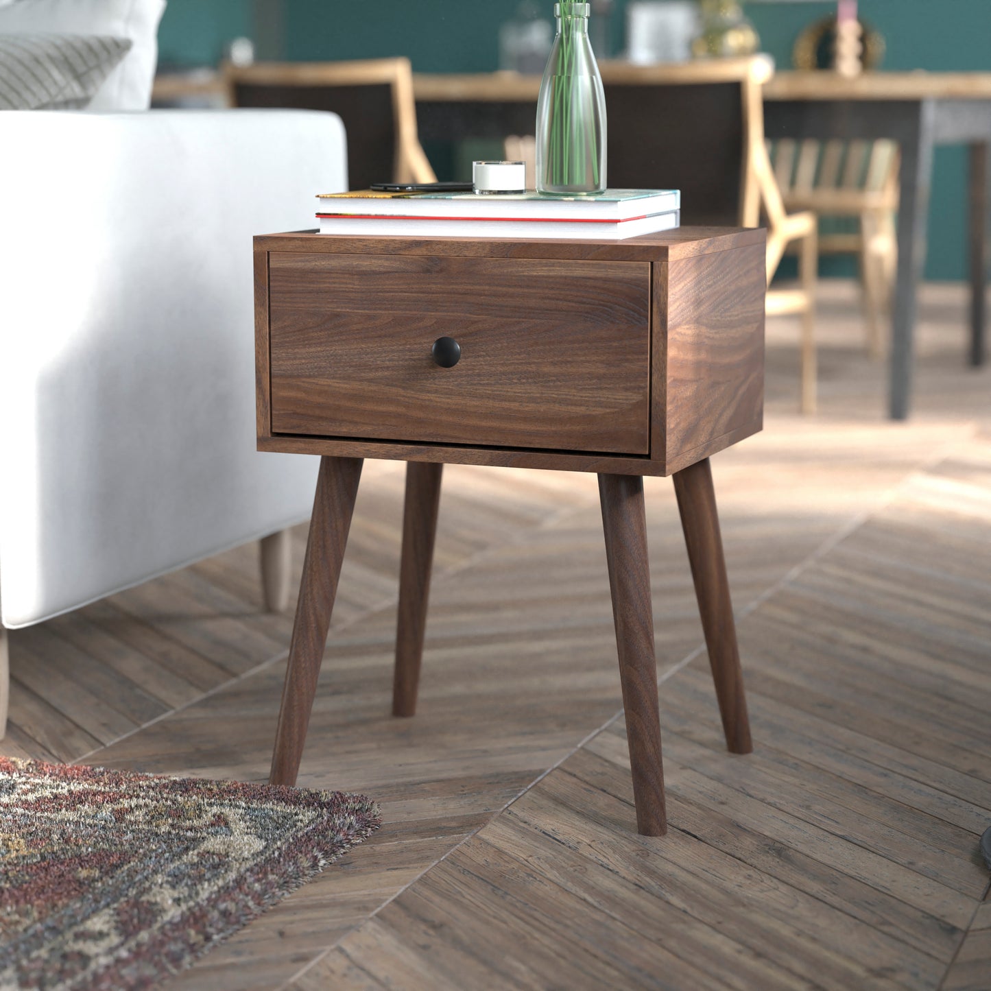 Hatfield Mid-Century Modern One Drawer Wood Nightstand, Side Accent or End Table with Soft Close Storage Drawer, Dark Walnut Dark Walnut