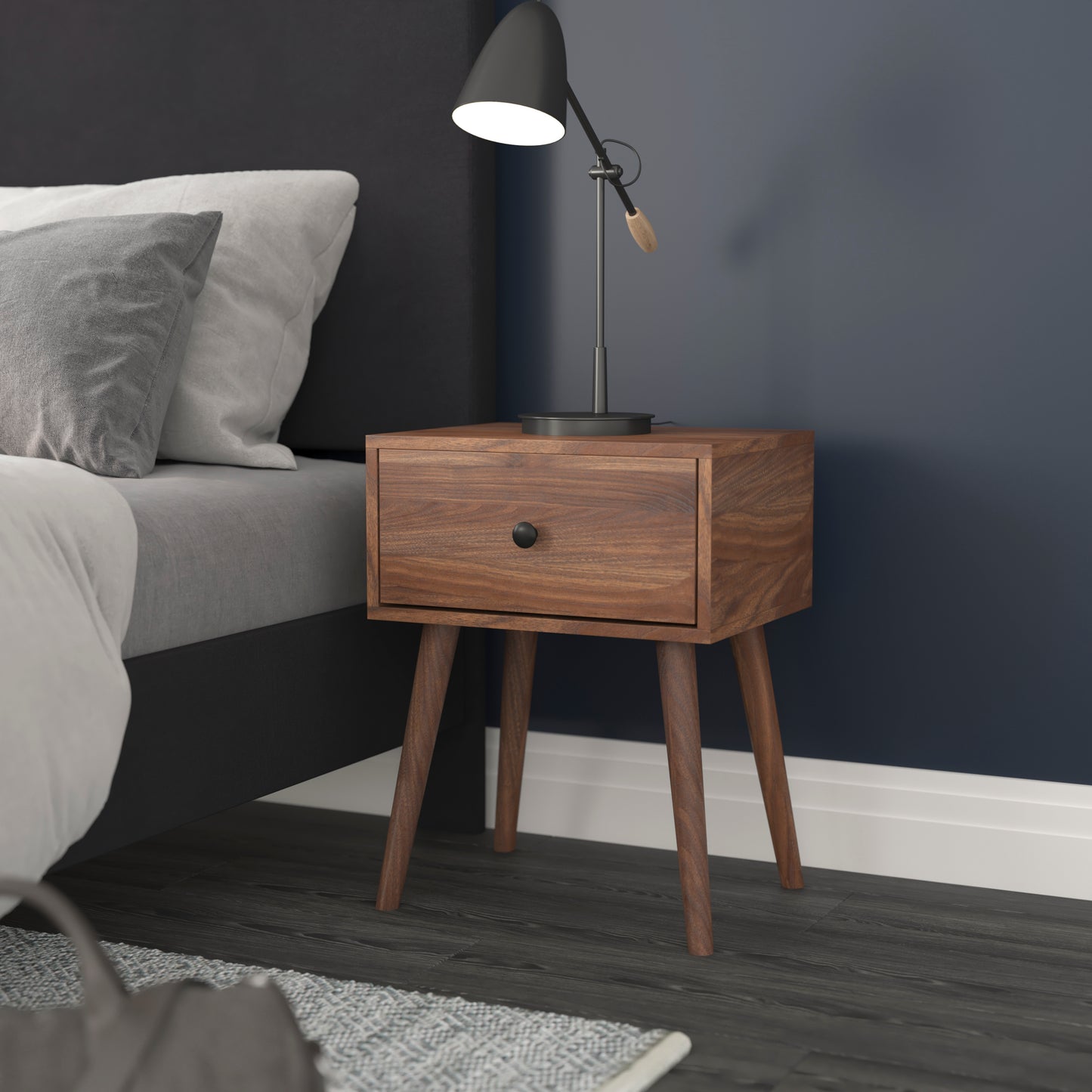 Hatfield Mid-Century Modern One Drawer Wood Nightstand, Side Accent or End Table with Soft Close Storage Drawer, Dark Walnut Dark Walnut