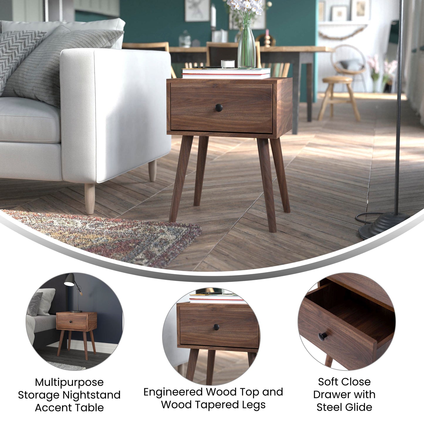 Hatfield Mid-Century Modern One Drawer Wood Nightstand, Side Accent or End Table with Soft Close Storage Drawer, Dark Walnut Dark Walnut