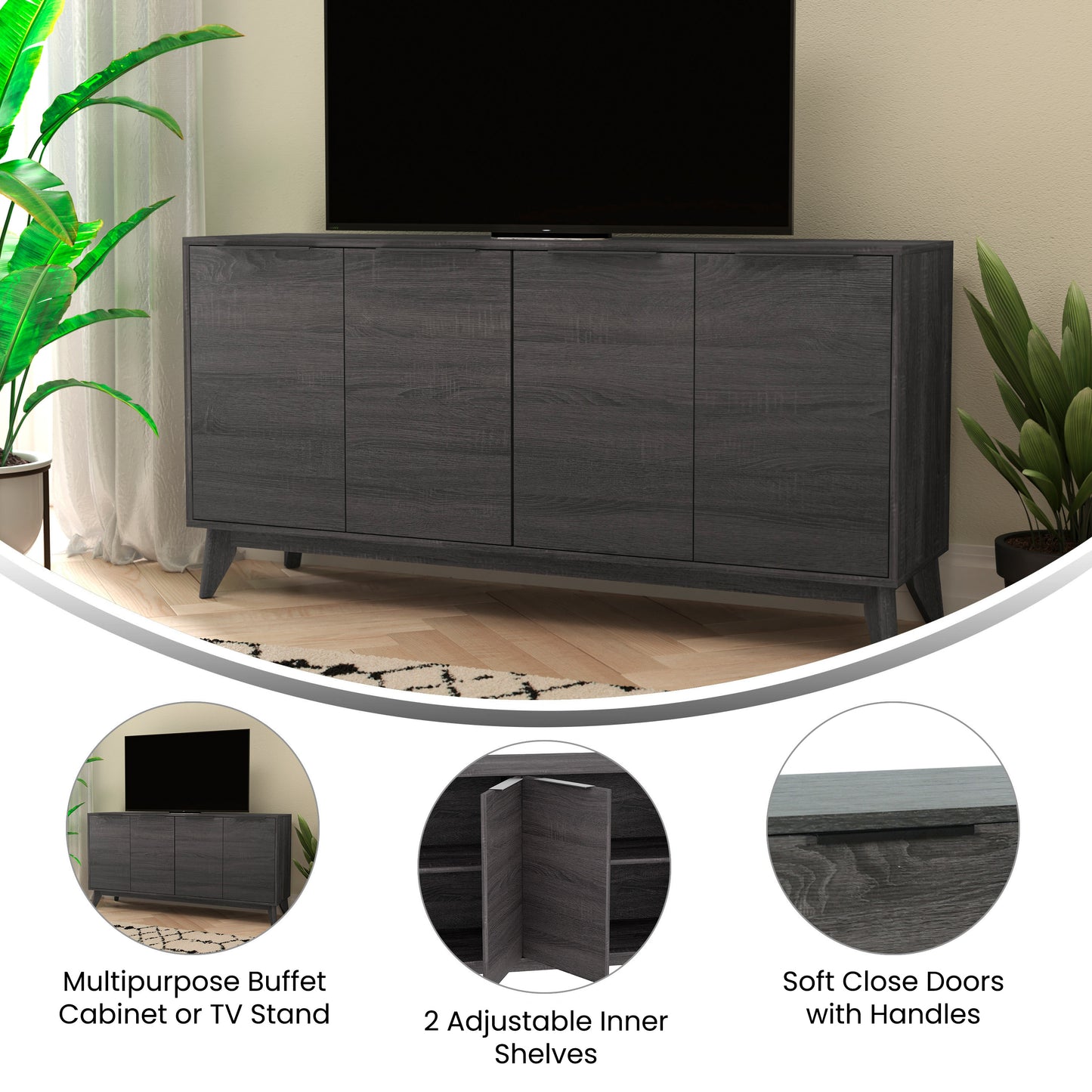 Hatfield Mid-Century Modern 60 Inch 4 Door Storage Buffet Sideboard, 4 Soft Close Doors, Adjustable Shelves, TV Stand for up to 64" TV's, Black Wash Black Wash