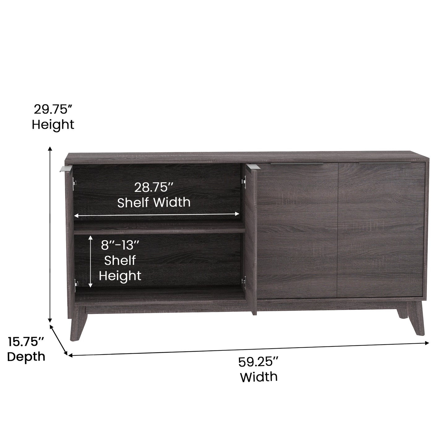Hatfield Mid-Century Modern 60 Inch 4 Door Storage Buffet Sideboard, 4 Soft Close Doors, Adjustable Shelves, TV Stand for up to 64" TV's, Black Wash Black Wash