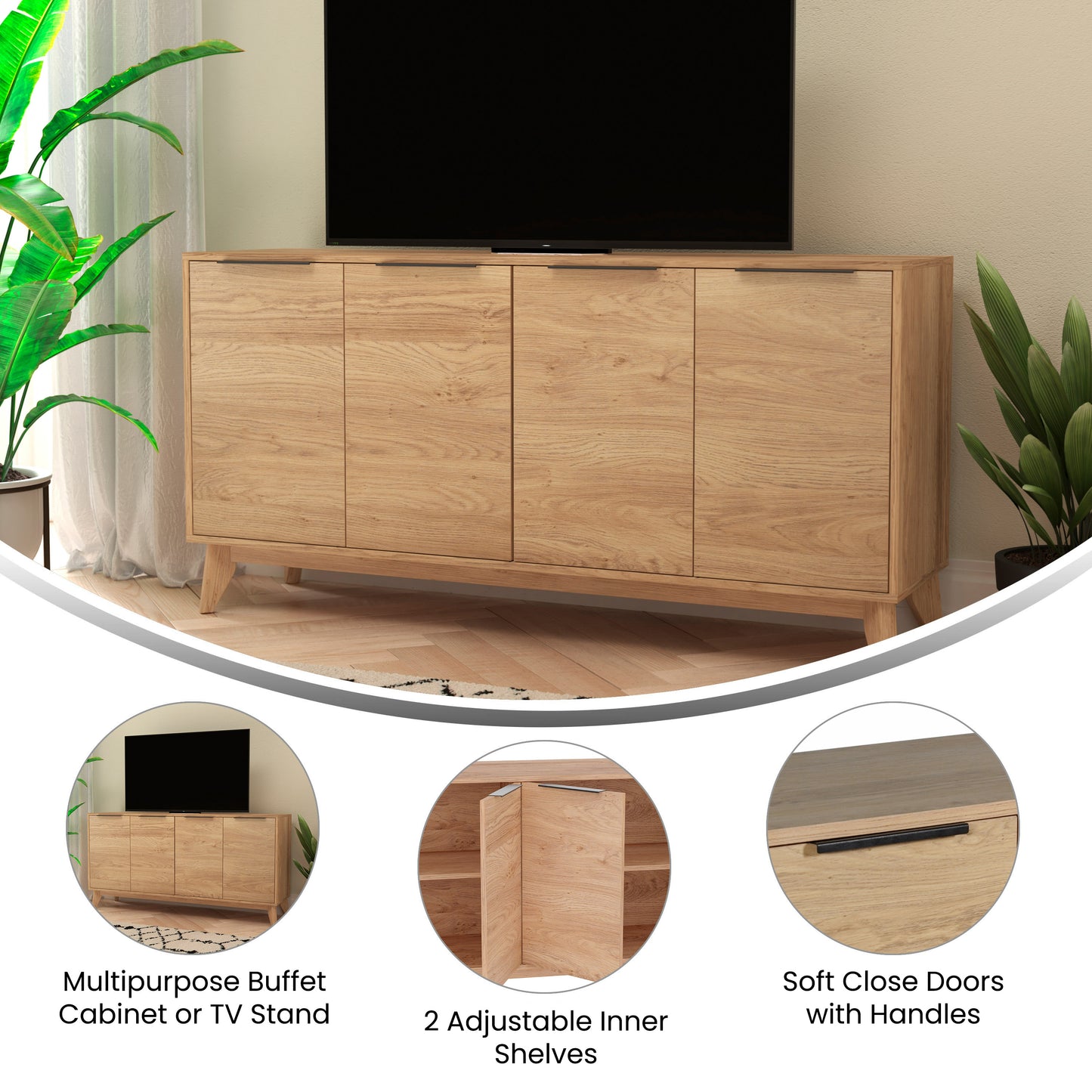 Hatfield Mid-Century Modern 60 Inch 4 Door Storage Buffet Sideboard, 4 Soft Close Doors, Adjustable Shelves, TV Stand for up to 64" TV's, Light Natural Light Natural