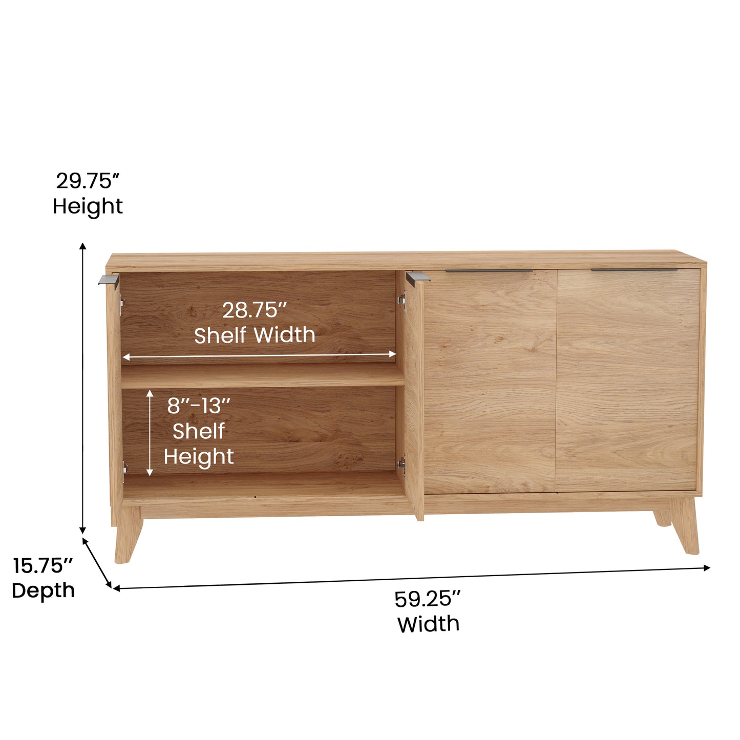 Hatfield Mid-Century Modern 60 Inch 4 Door Storage Buffet Sideboard, 4 Soft Close Doors, Adjustable Shelves, TV Stand for up to 64" TV's, Light Natural Light Natural