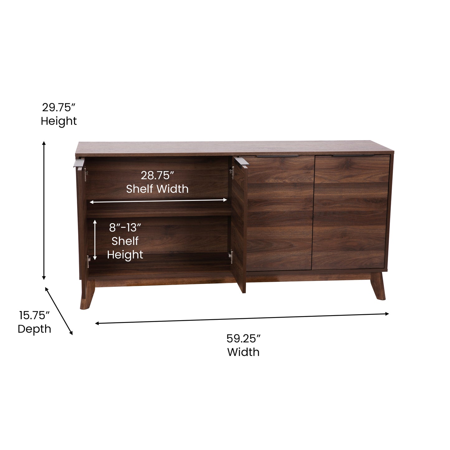 Hatfield Mid-Century Modern 60 Inch 4 Door Storage Buffet Sideboard, 4 Soft Close Doors, Adjustable Shelves, TV Stand for up to 64" TV's, Dark Walnut Dark Walnut