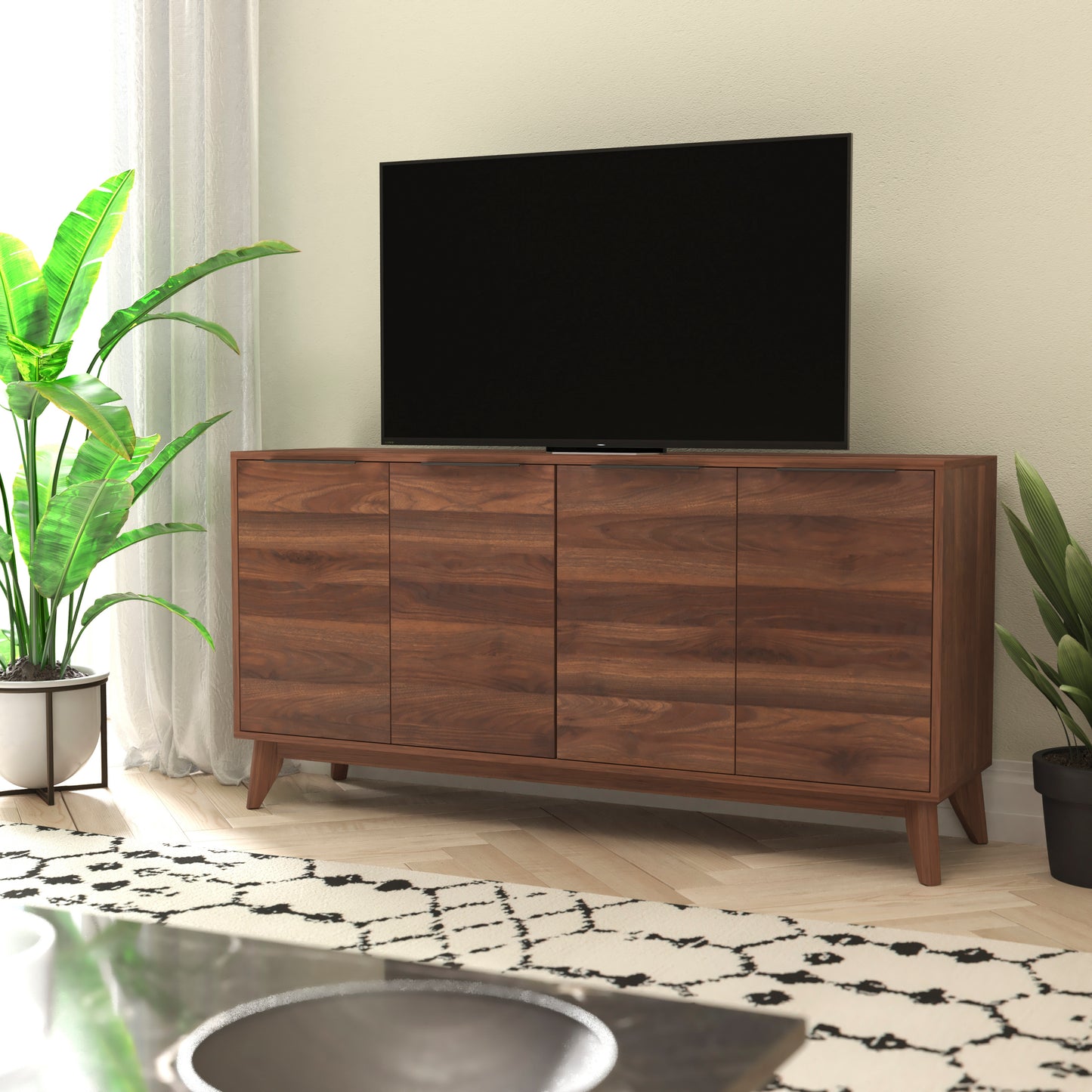 Hatfield Mid-Century Modern 60 Inch 4 Door Storage Buffet Sideboard, 4 Soft Close Doors, Adjustable Shelves, TV Stand for up to 64" TV's, Dark Walnut Dark Walnut