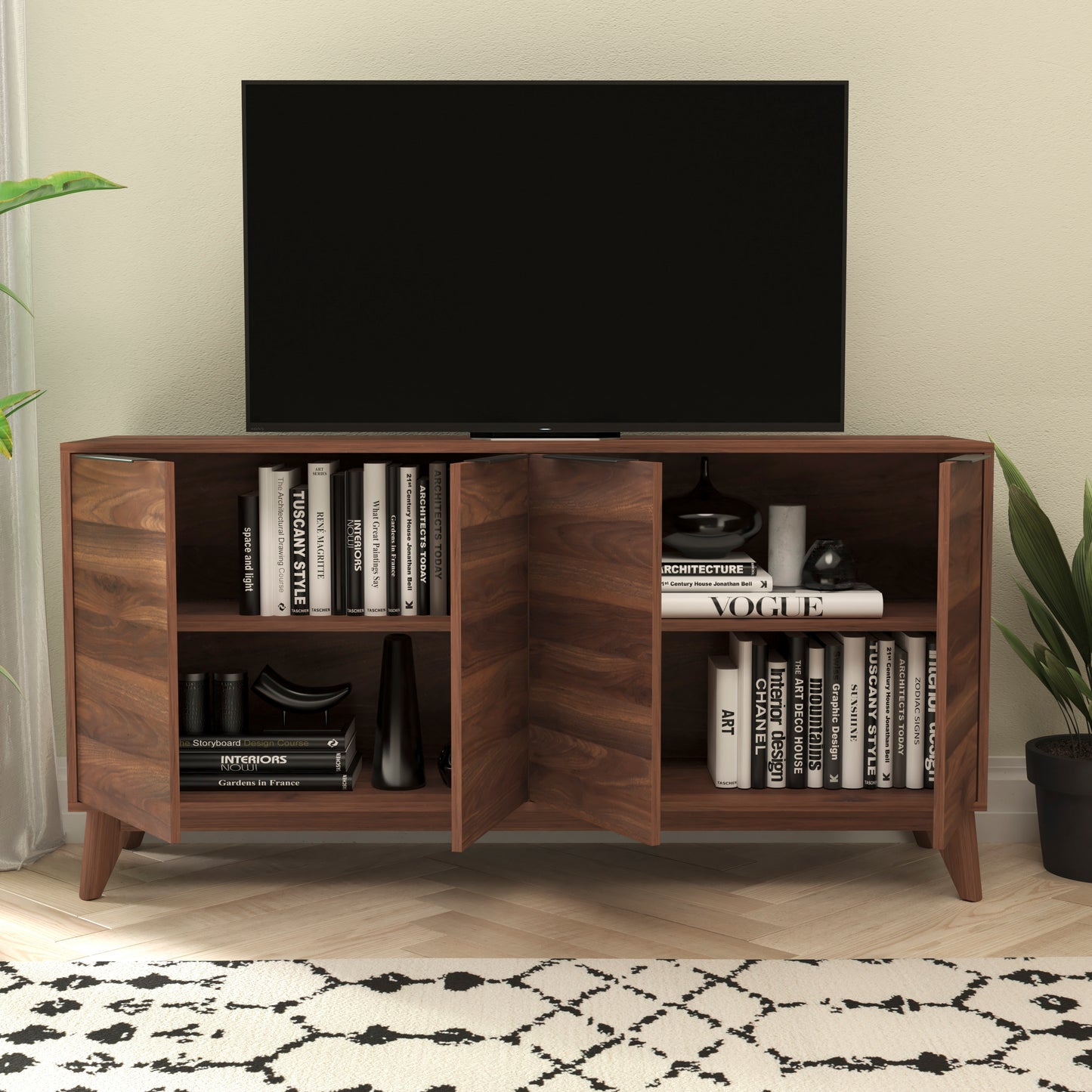 Hatfield Mid-Century Modern 60 Inch 4 Door Storage Buffet Sideboard, 4 Soft Close Doors, Adjustable Shelves, TV Stand for up to 64" TV's, Dark Walnut Dark Walnut
