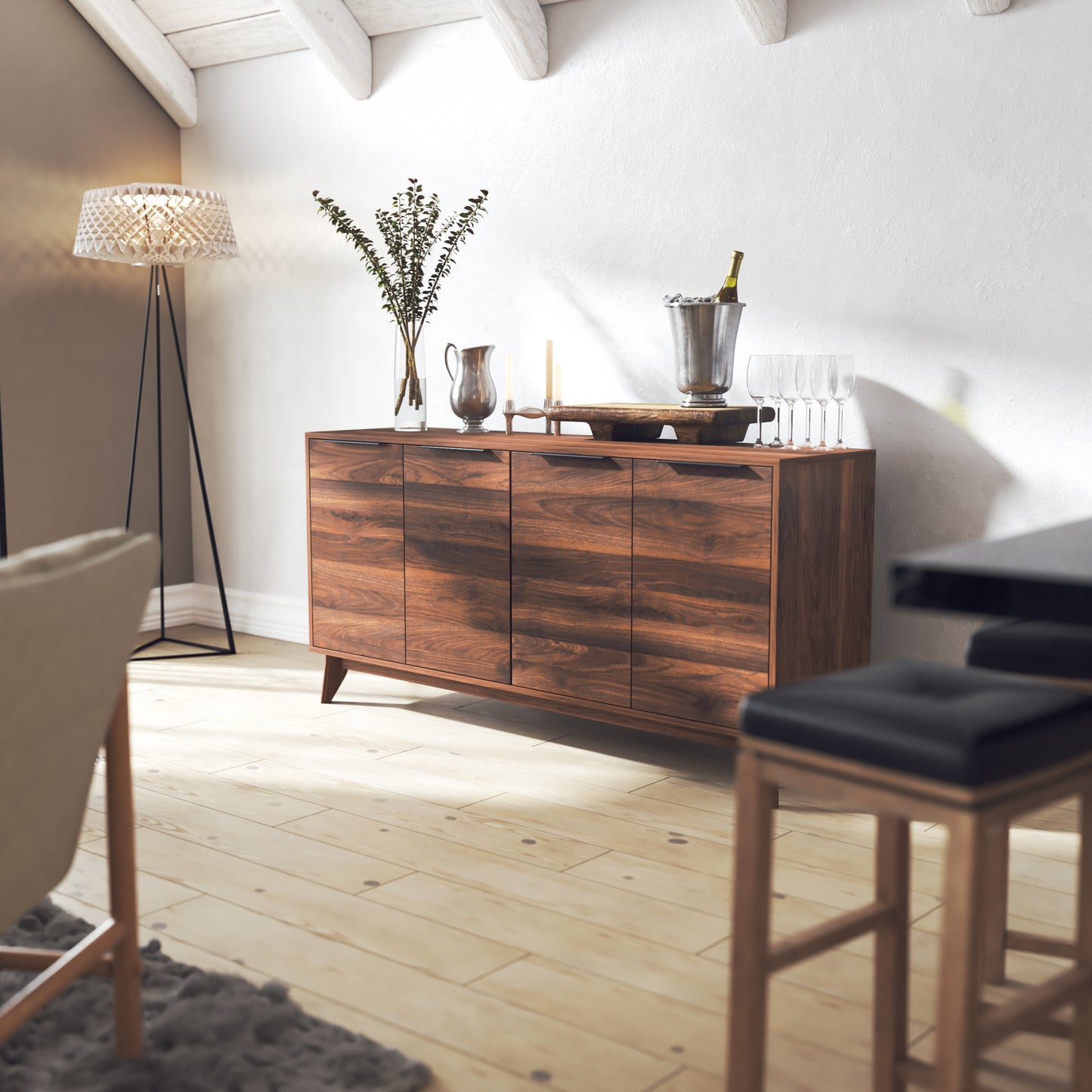 Hatfield Mid-Century Modern 60 Inch 4 Door Storage Buffet Sideboard, 4 Soft Close Doors, Adjustable Shelves, TV Stand for up to 64" TV's, Dark Walnut Dark Walnut